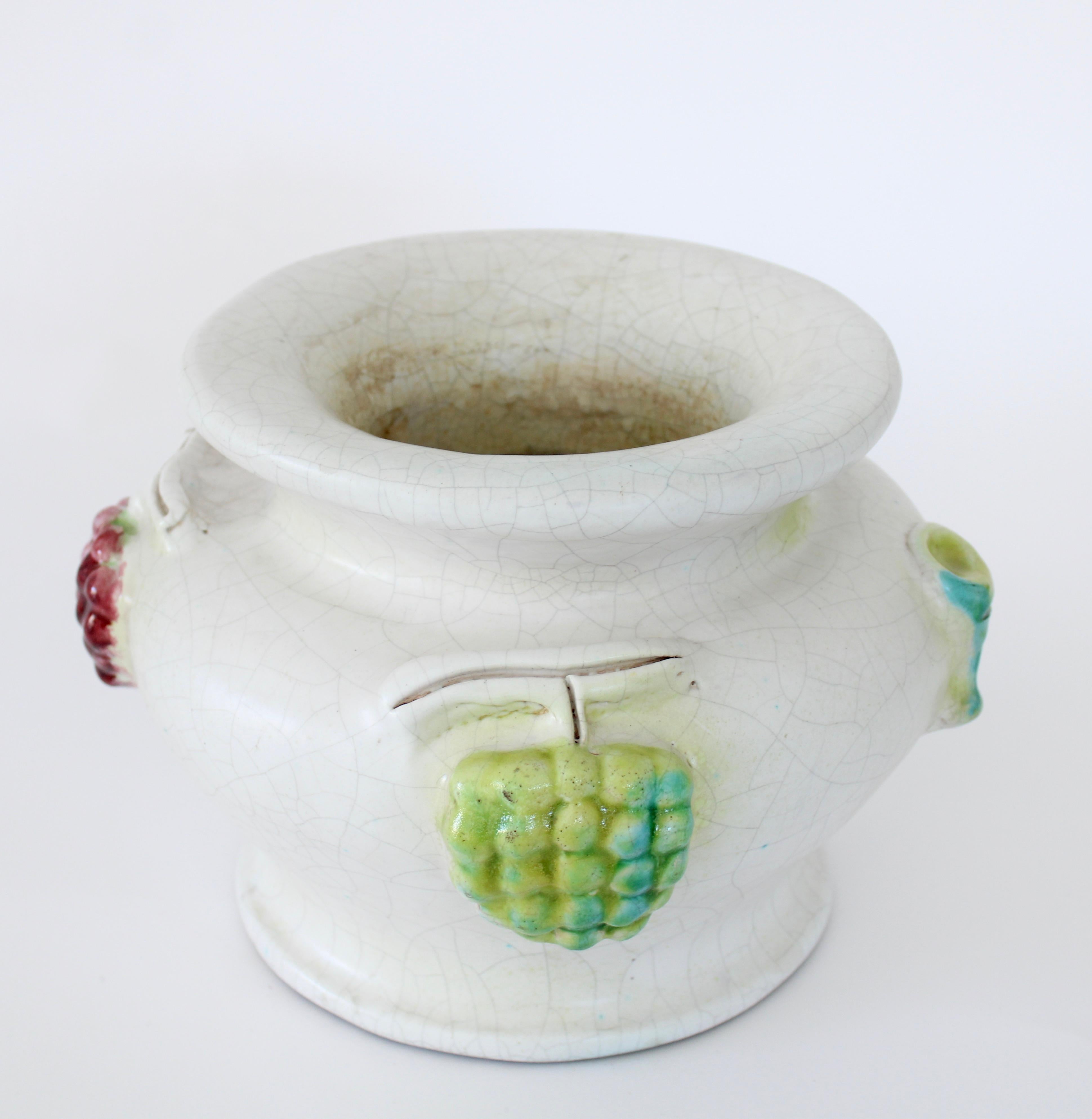 Georges Jouve White Crackle Glaze Ceramic Vase Sun, Wine Goblet, Grapes Motif 1