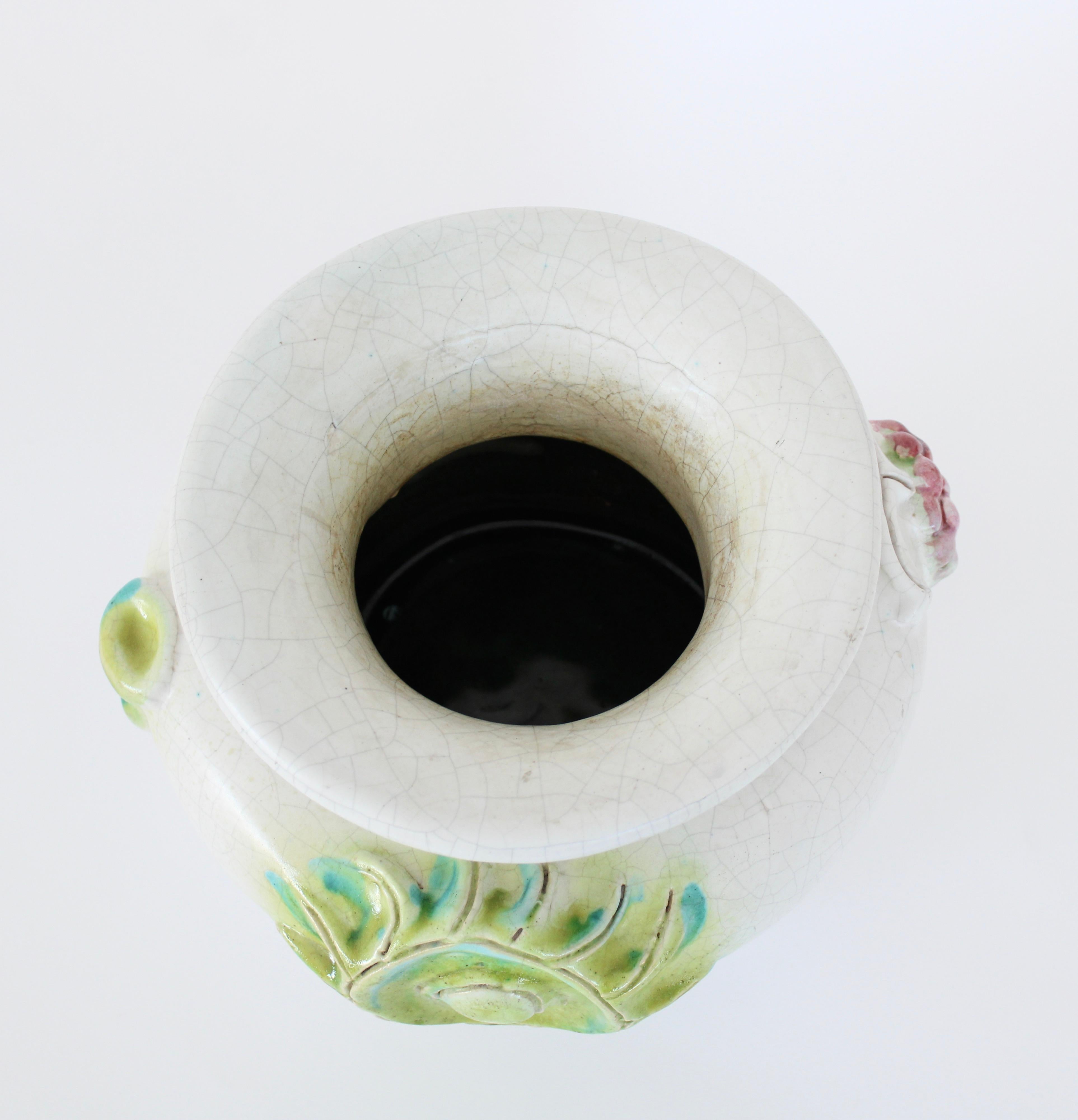 Georges Jouve White Crackle Glaze Ceramic Vase Sun, Wine Goblet, Grapes Motif 3