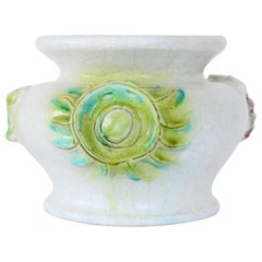 Georges Jouve White Crackle Glaze Ceramic Vase Sun, Wine Goblet, Grapes Motif