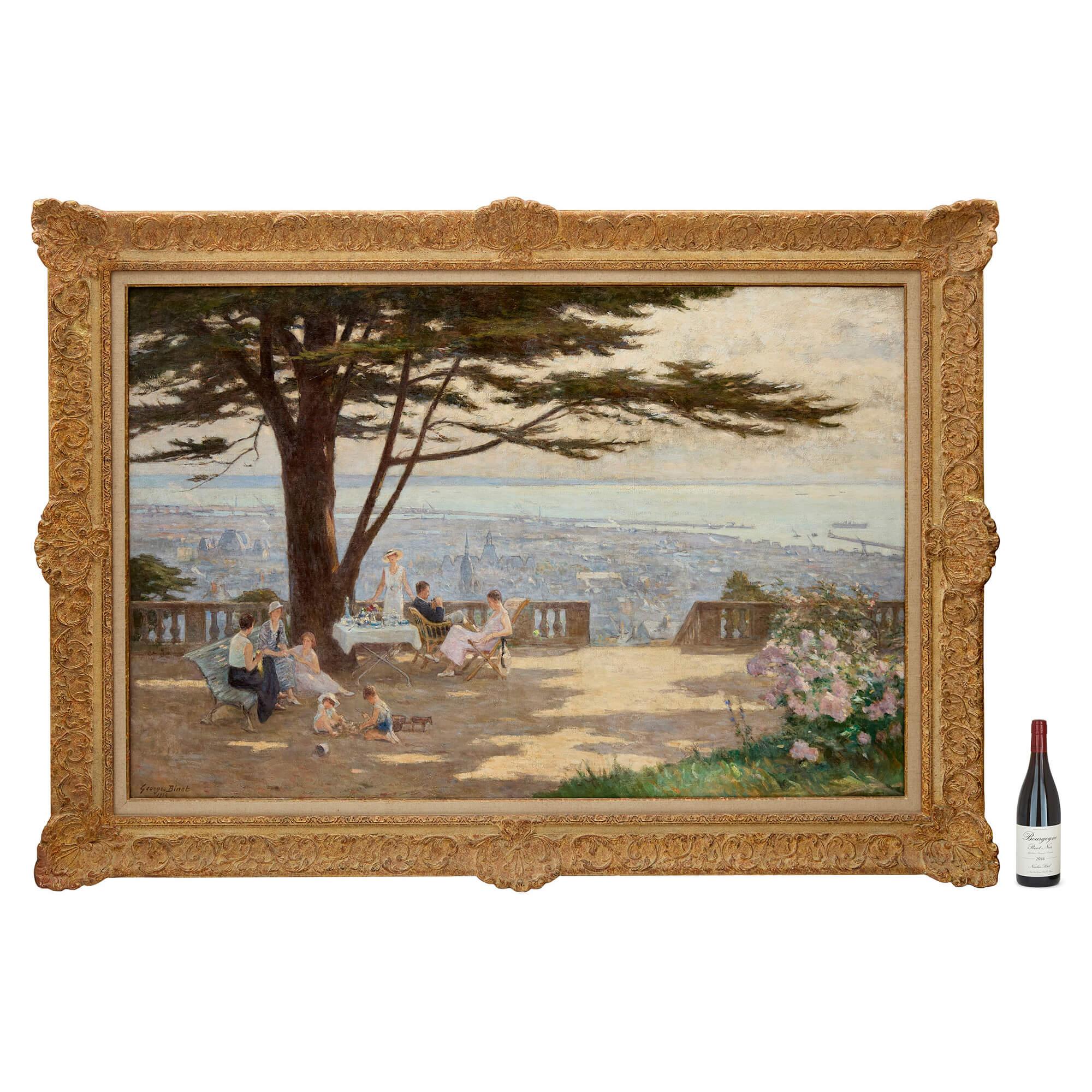 Pintura de estilo impresionista del siglo XX de Le Havre por Binet
Francés, 1934
Lienzo: Alto 98 cm, ancho 147 cm
Armazón: Altura 126 cm, anchura 174 cm, profundidad 8 cm

Este cuadro, una luminosa celebración de la luz, el ocio y la identidad
