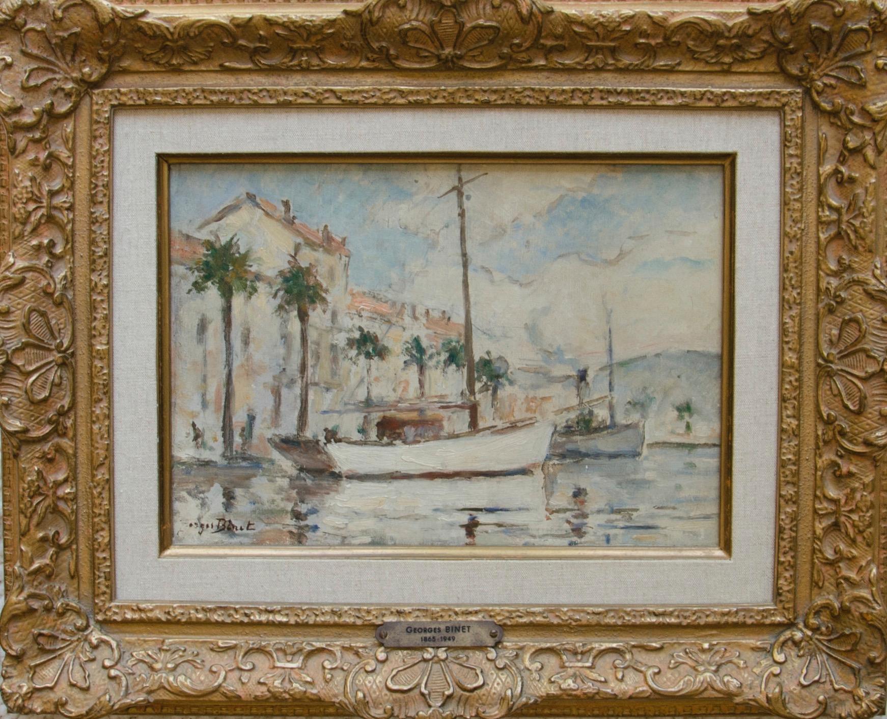 Veleros Atracados - Saint-Mandrier, Tolón, Francia - Landscape Painting Gris de Georges Jules Ernest Binet