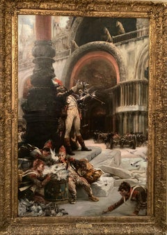 "Le Dompteur de Pigeons" (ex. Christie's) - Large Antique Impressionist Painting