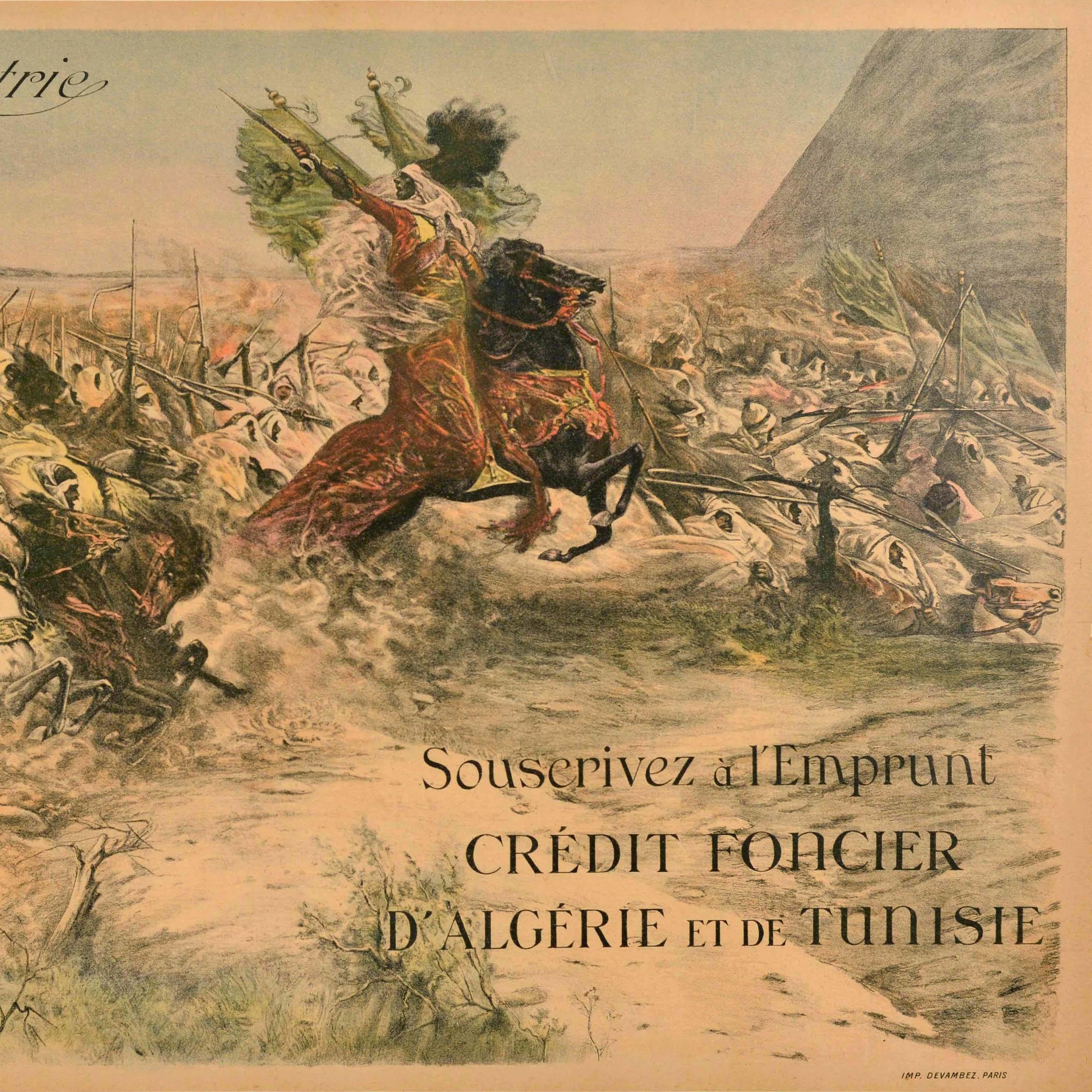 Cartel original antiguo de préstamo de guerra de la Primera Guerra Mundial - Pour la Patrie Souscivez a l'Emprunt Credit Foncier d'Algerie et de Tunisie / For the homeland Subscribe to the Credit Loan of Algeria and Tunisia - con una dinámica escena
