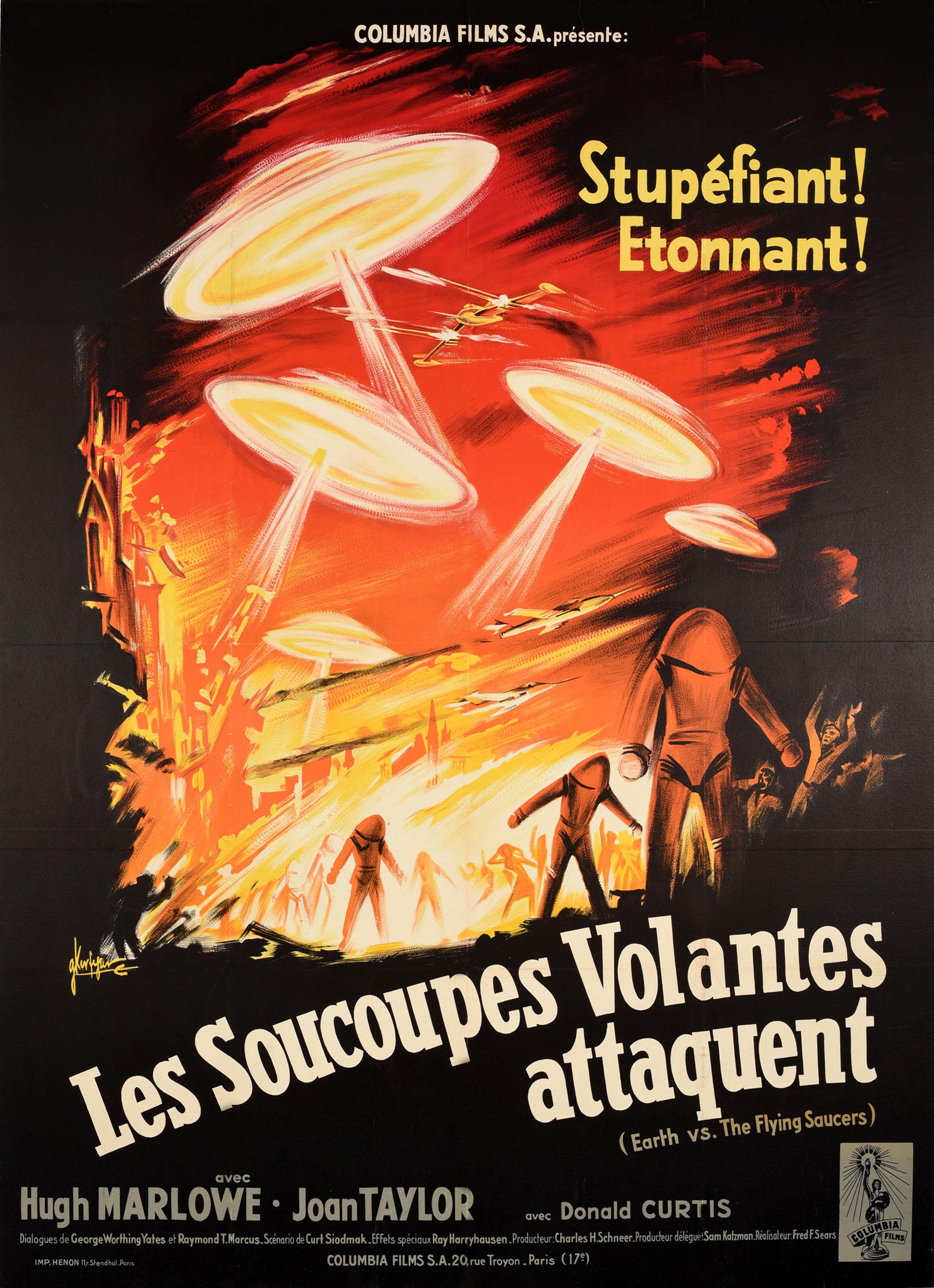 Print Georges Kerfyser - Affiche vintage originale du film science-fiction « Earth vs. » (La Terre contre la mer) Les soucoupes volantes - Sci-Fi