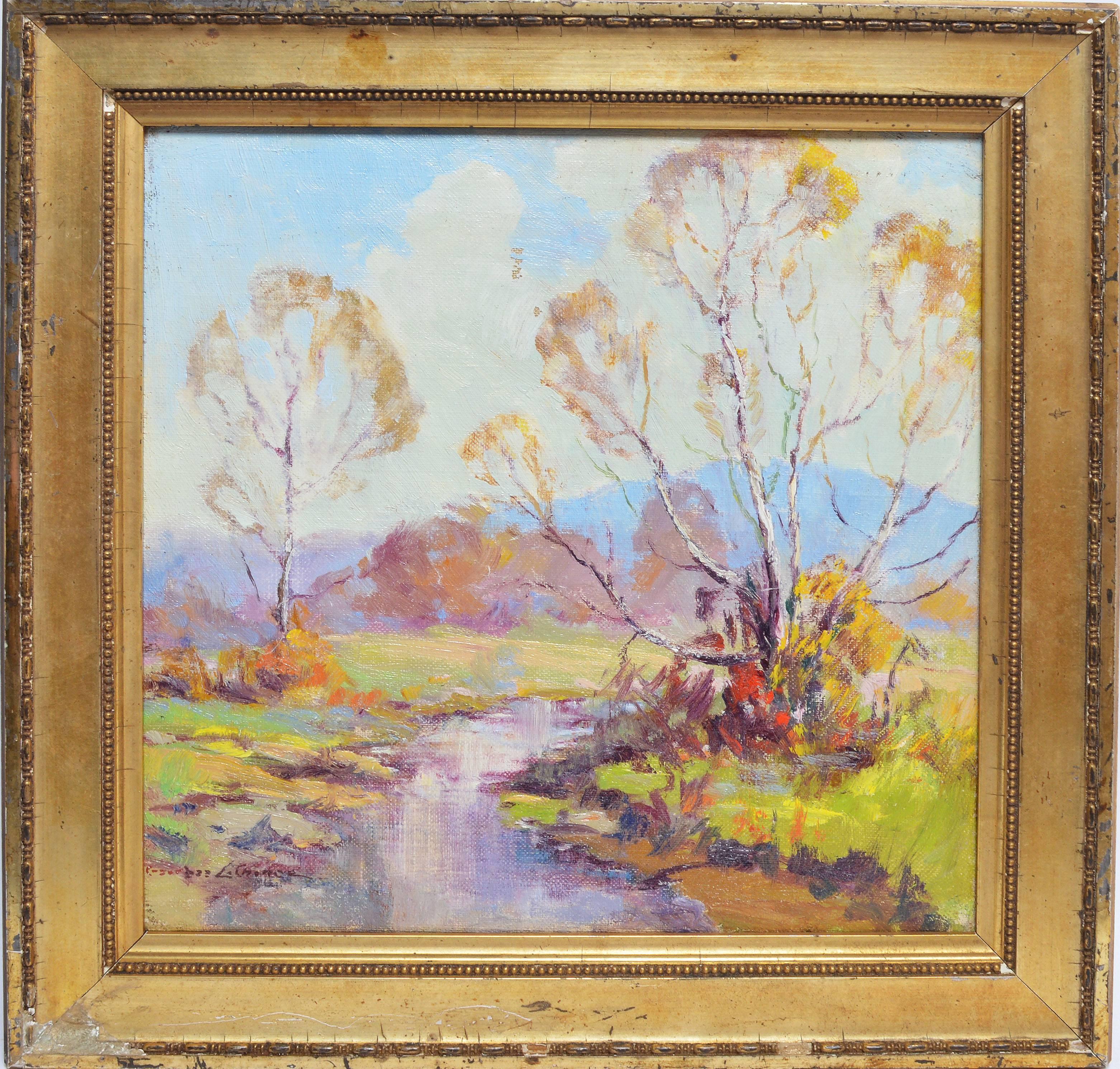Impressionist view of a sunlit landscape by Georges La Chance  (1888 - 1964) . Oil on canvas, circa 1920. Signed lower left. Displayed in a giltwood frame. Image size, 10"L x 10"H, overall 13"L x 13"H.

