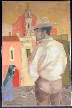 1950's French Modernist Mexican Scene Man in Cowboy Hat City Square