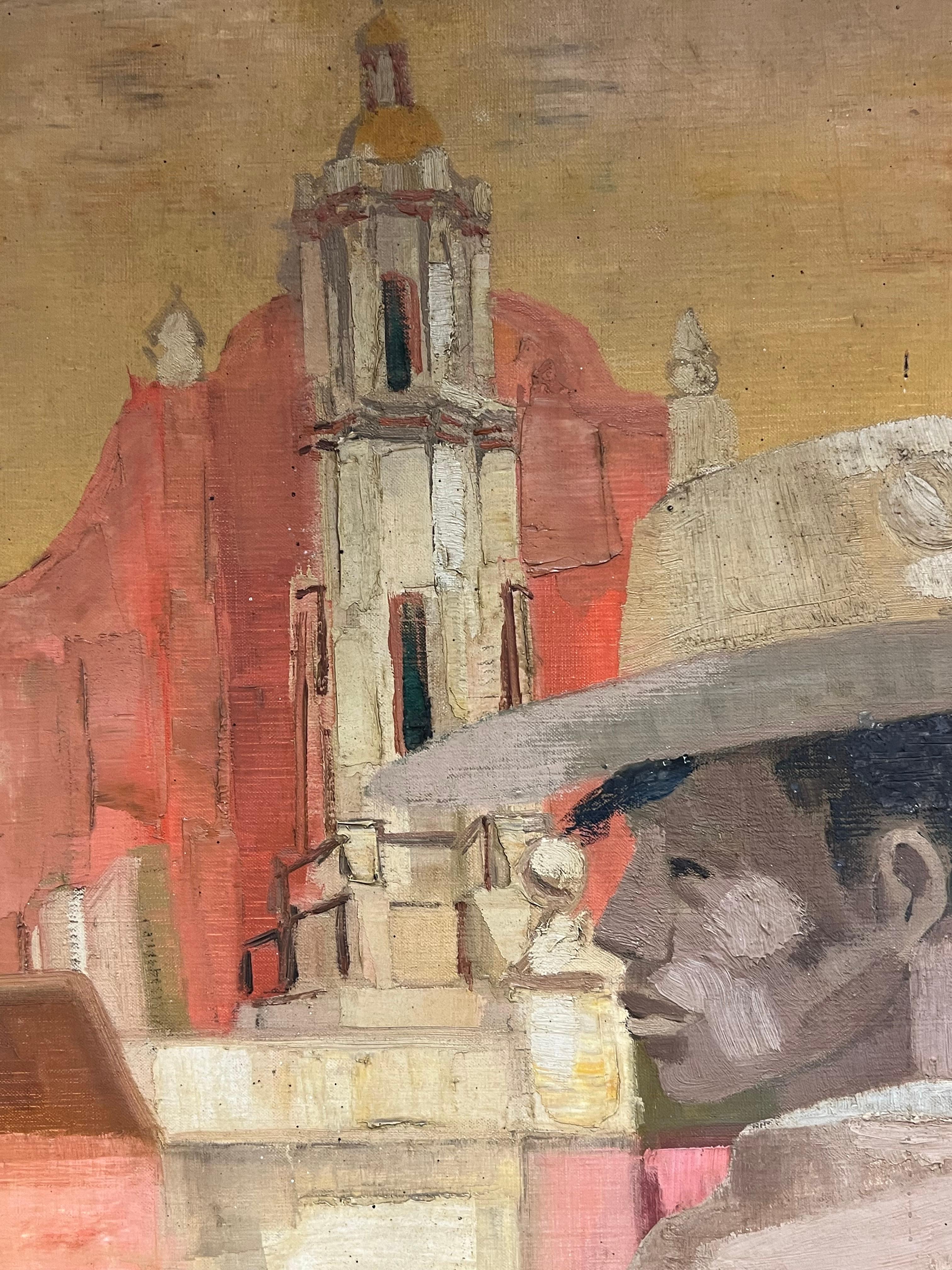 Scène mexicaine moderniste française des années 1950 Homme au chapeau de cow-boy City Square - Moderne Painting par Georges Lambert