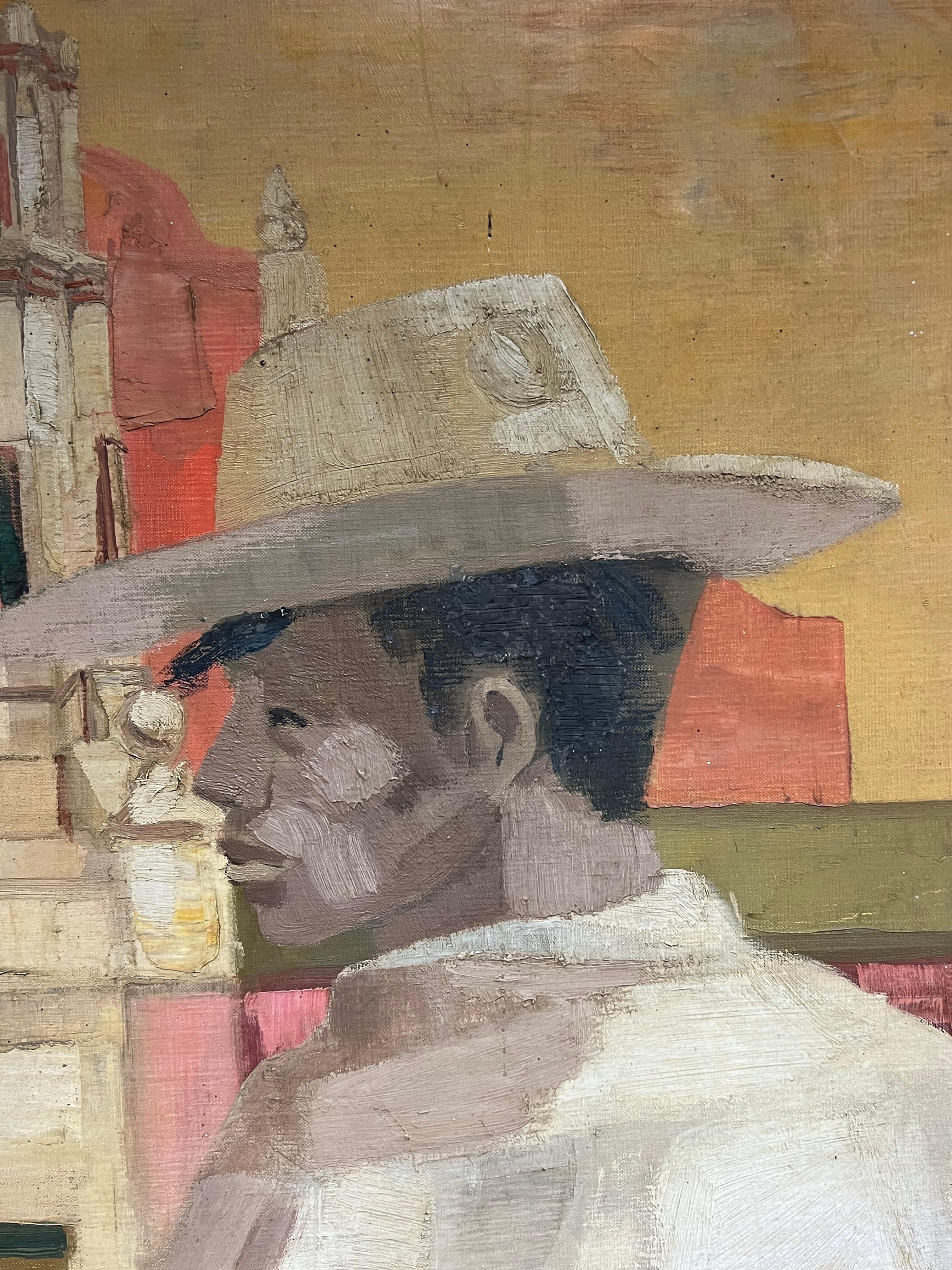 Scène mexicaine moderniste française des années 1950 Homme au chapeau de cow-boy City Square - Marron Portrait Painting par Georges Lambert