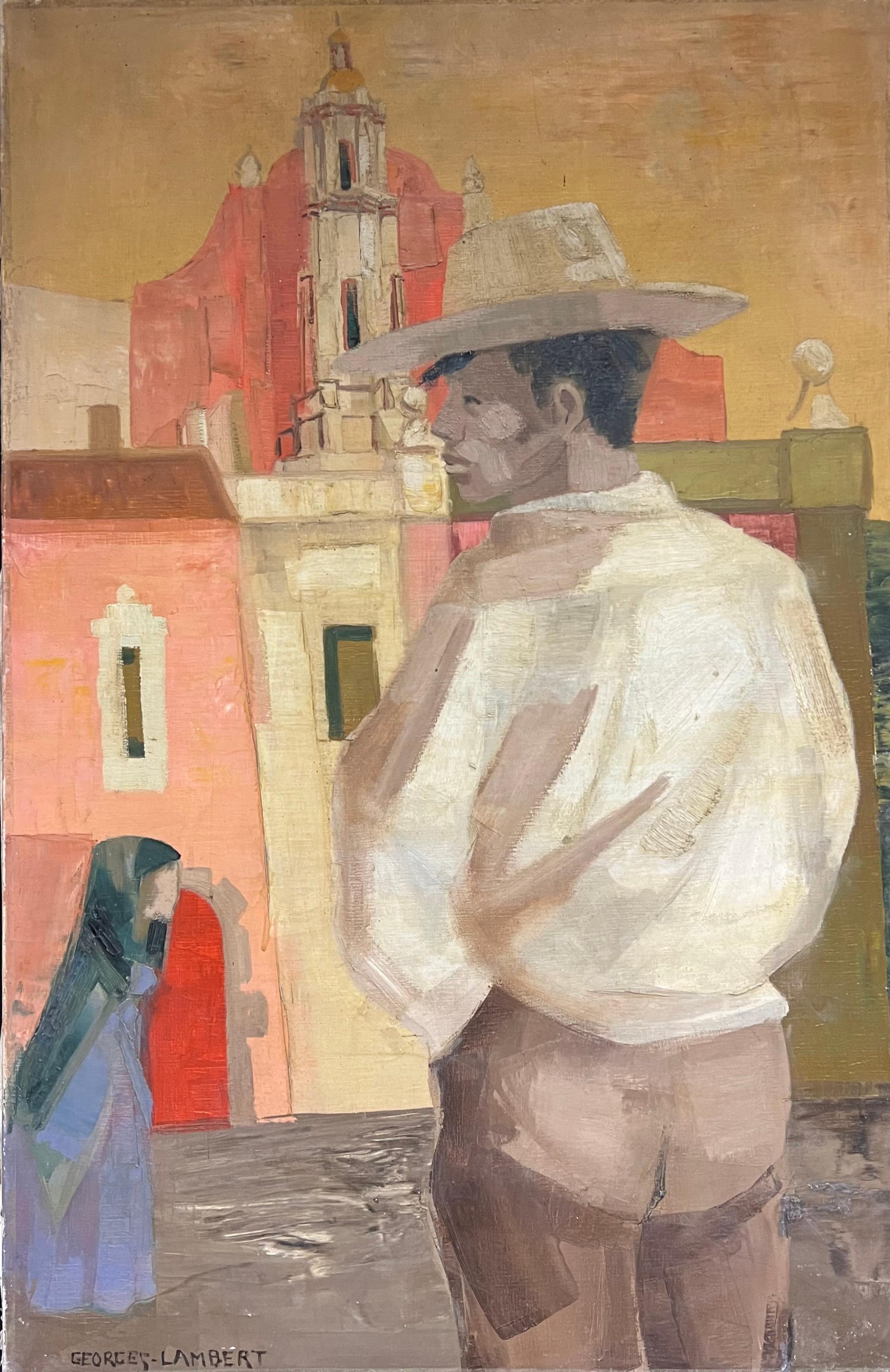 Portrait Painting Georges Lambert - Scène mexicaine moderniste française des années 1950 Homme au chapeau de cow-boy City Square