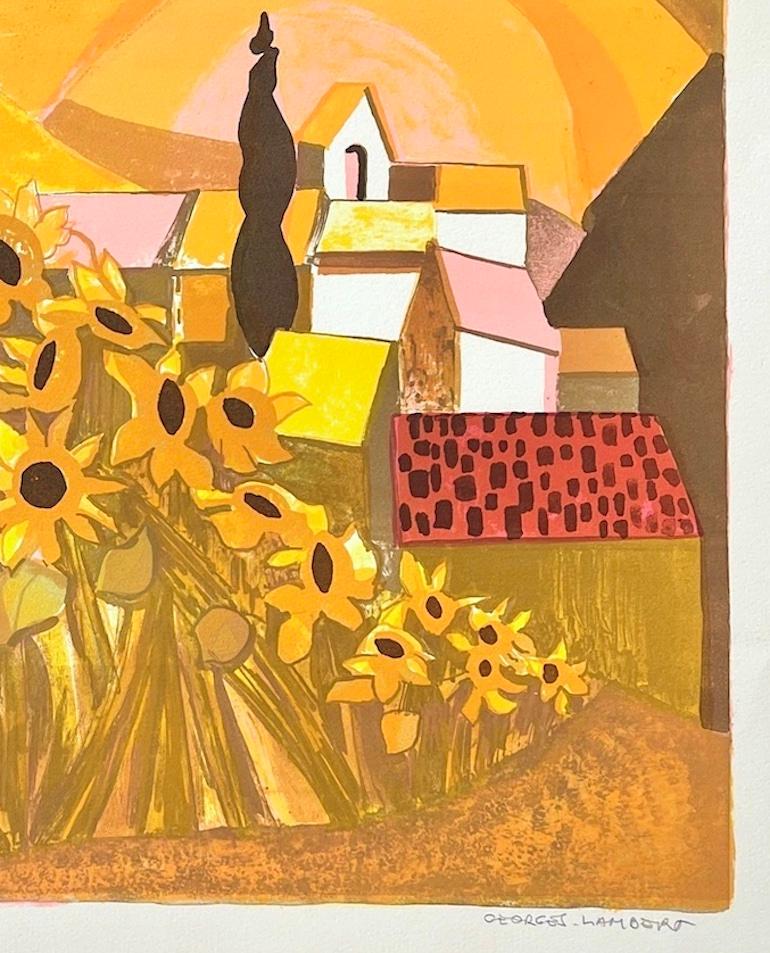 Litografia firmata Champ de Tournesols, Girasoli, villaggio francese, tramonto giallo - Print di Georges Lambert
