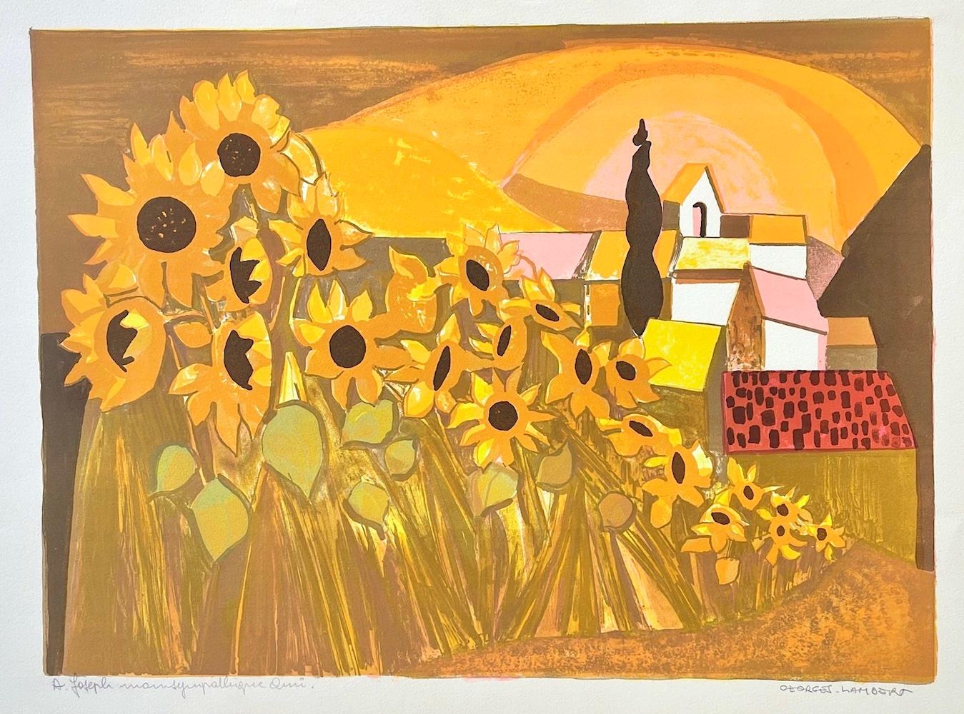 Champ de Tournesols Signierte Lithographie, Sonnenblumen Französisches Dorf Gelber Sonnenuntergang