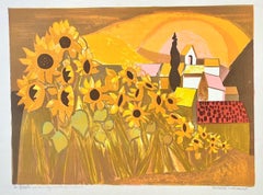 Champ de Tournesols Signed Lithograph, Field of Sunflowers French Village Sunset