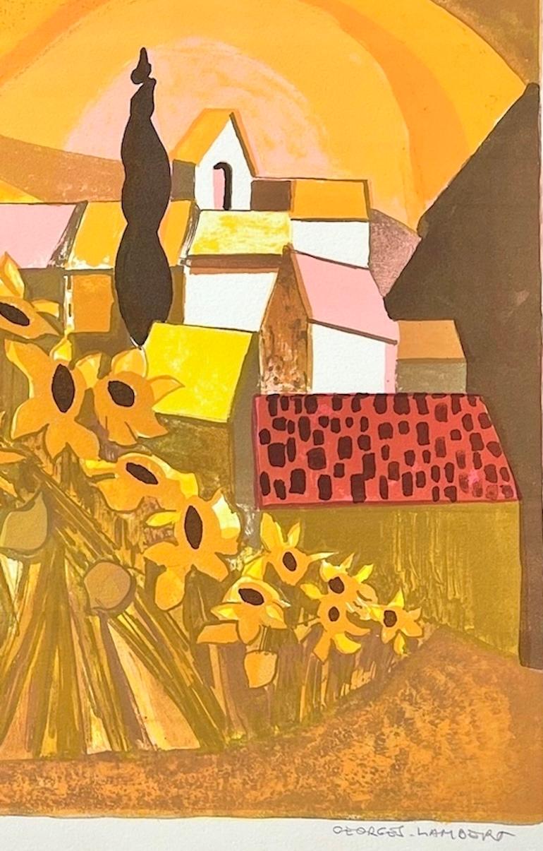 Litografia firmata Champ de Tournesols, Girasoli, villaggio francese, tramonto giallo - Abstract Print Arancia di Georges Lambert
