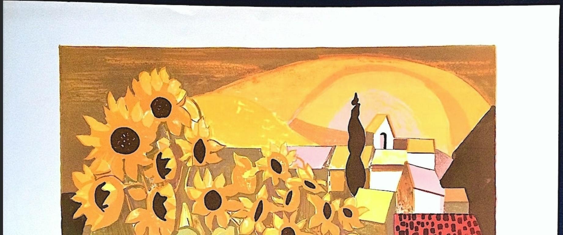 Litografia firmata Champ de Tournesols, Girasoli, villaggio francese, tramonto giallo in vendita 1