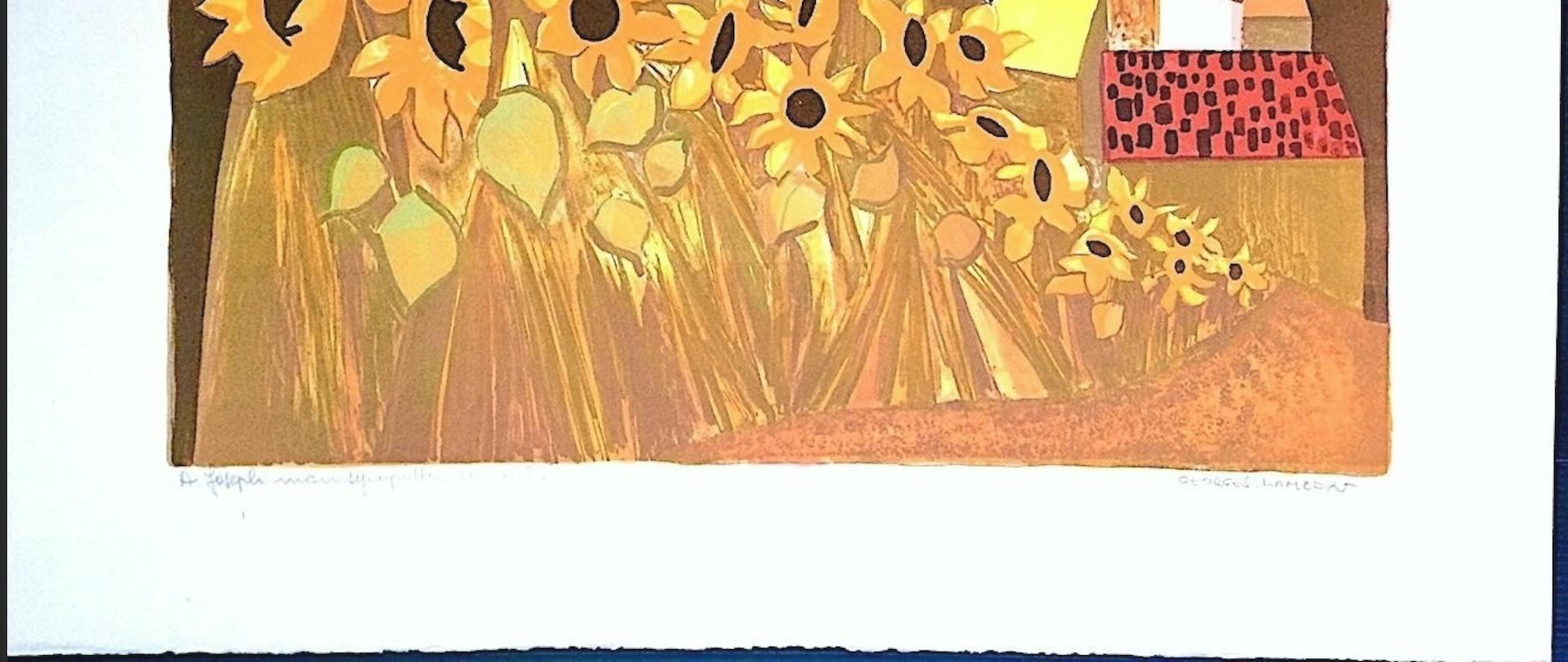 Litografia firmata Champ de Tournesols, Girasoli, villaggio francese, tramonto giallo in vendita 2
