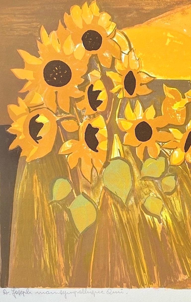 Litografia firmata Champ de Tournesols, Girasoli, villaggio francese, tramonto giallo - Print Contemporaneo di Georges Lambert