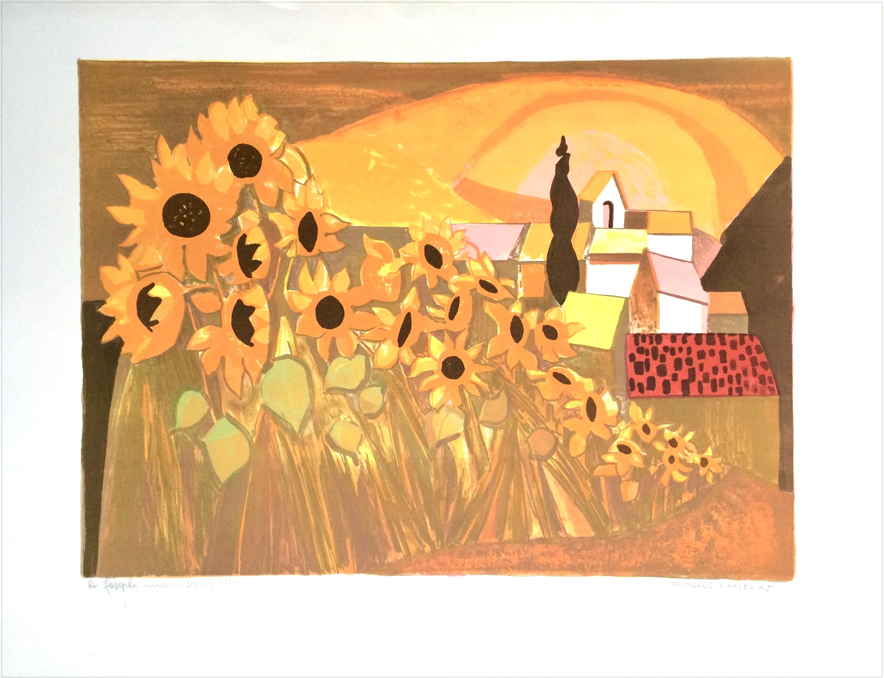 Champ de Tournesols Signed Lithograph, Sunflowers French Village Yellow Sunset