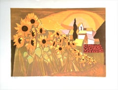 Champ de Tournesols Signed Lithograph, Sunflowers French Village Yellow Sunset