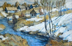 Cottages in the Snow-Russia 20th Century Oil, Winter River Landscape by Lapchine