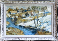 Cottages in the Snow-Russia 20th Century Oil, Winter River Landscape by Lapchine