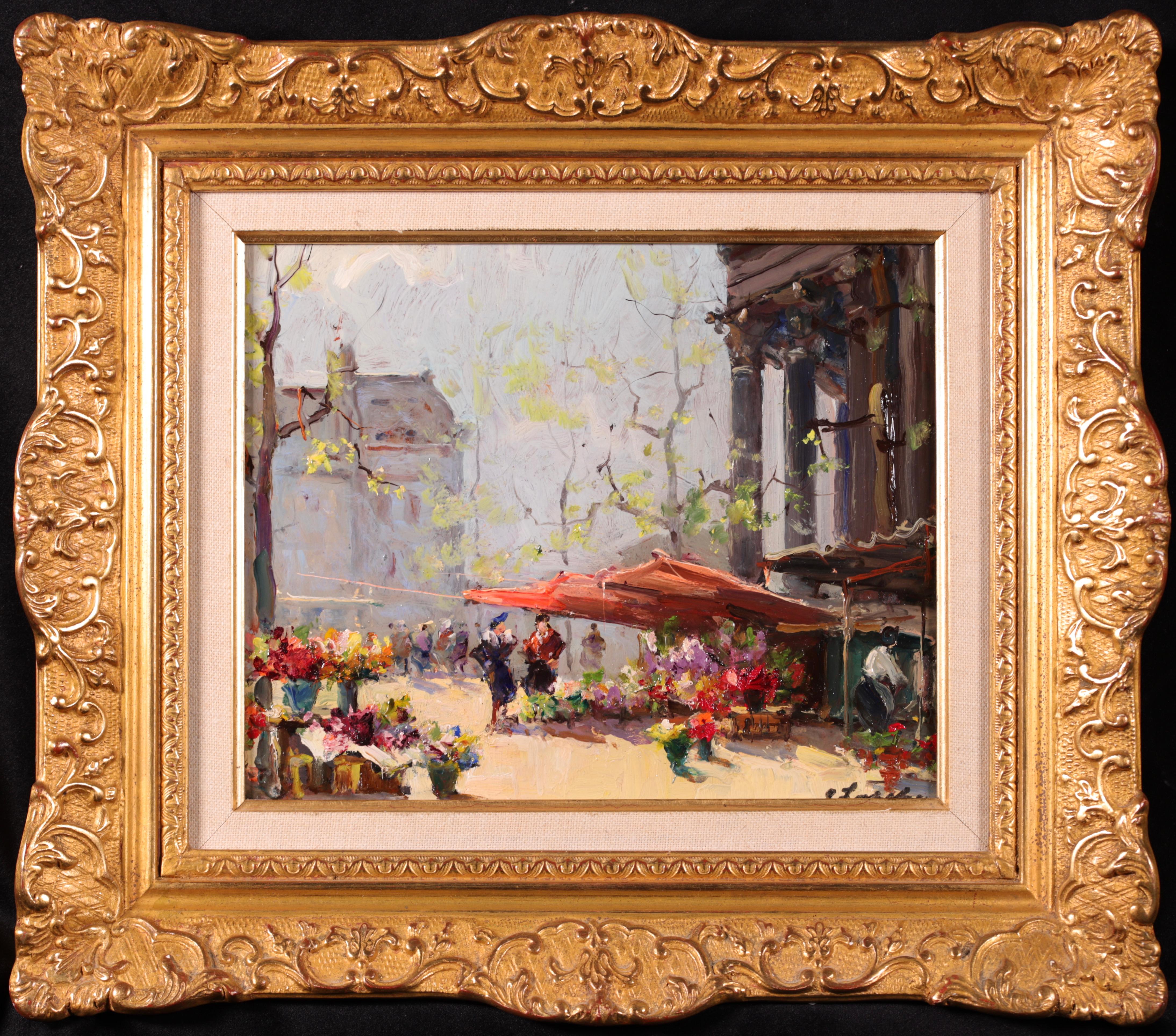 Peinture à l'huile impressionniste « Flower Market » (marché de fleurs) - Figures dans un paysage de Georges Lapchine 1