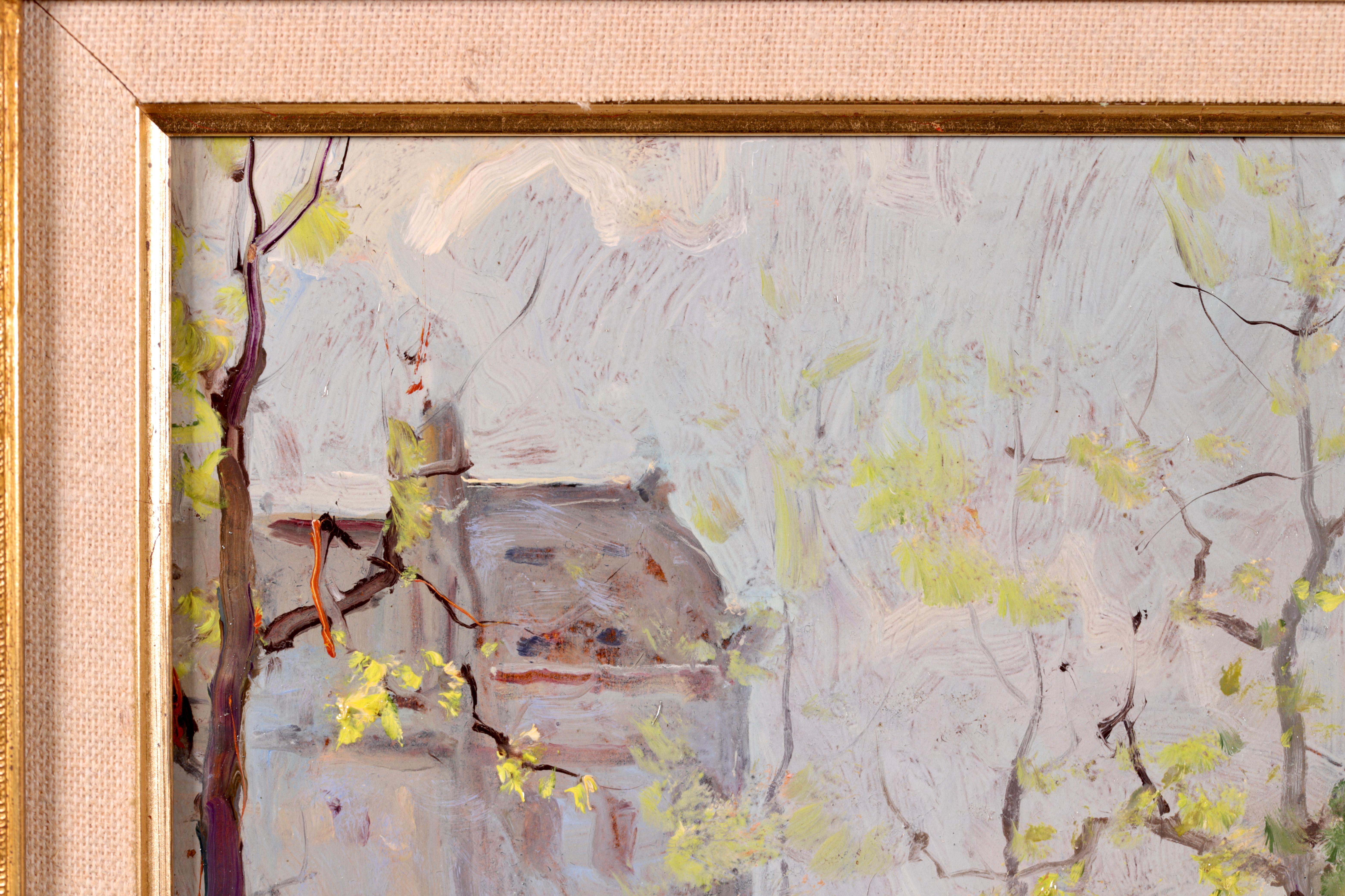 Peinture à l'huile impressionniste « Flower Market » (marché de fleurs) - Figures dans un paysage de Georges Lapchine 3
