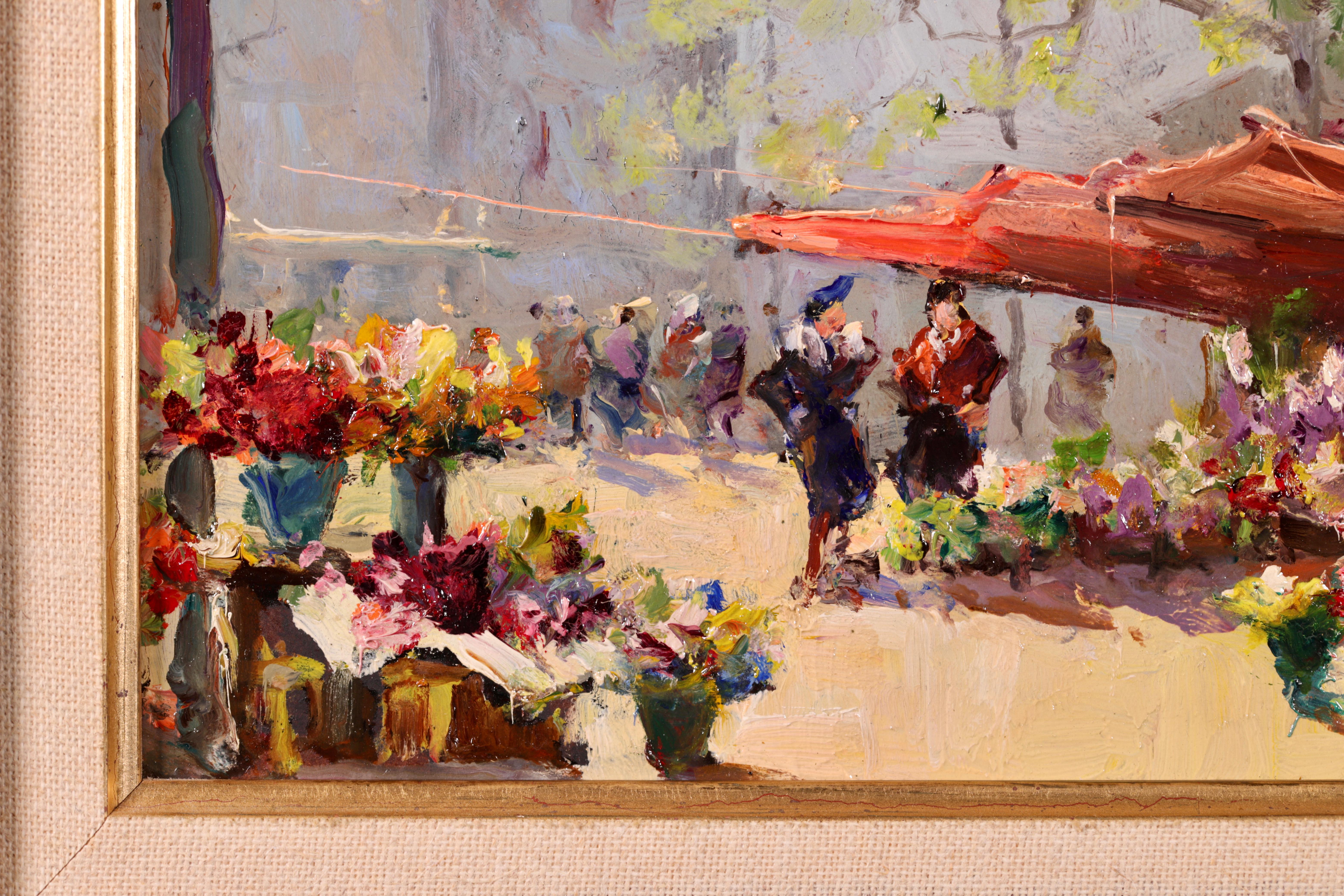 Peinture à l'huile impressionniste « Flower Market » (marché de fleurs) - Figures dans un paysage de Georges Lapchine 4