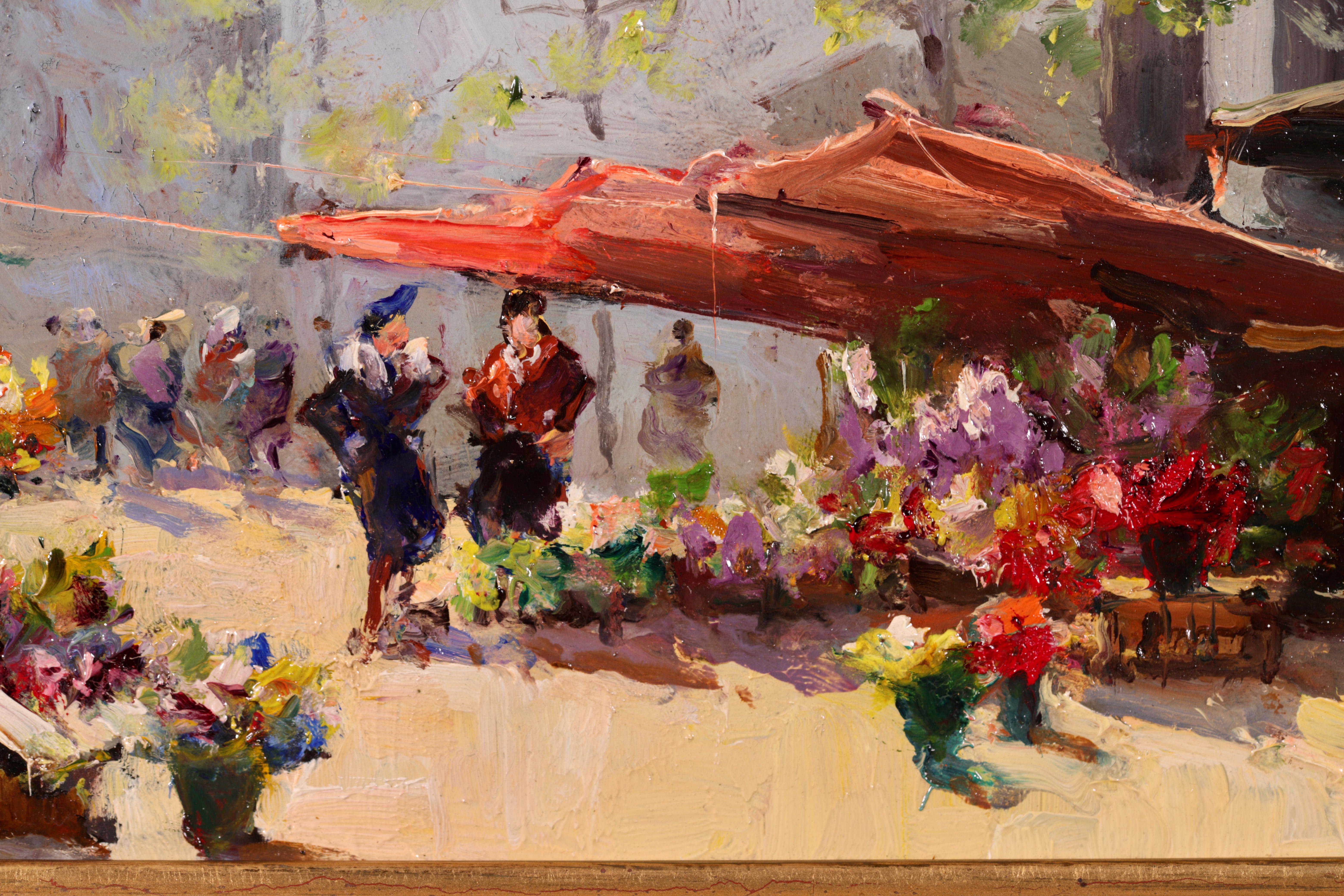Peinture à l'huile impressionniste « Flower Market » (marché de fleurs) - Figures dans un paysage de Georges Lapchine 5
