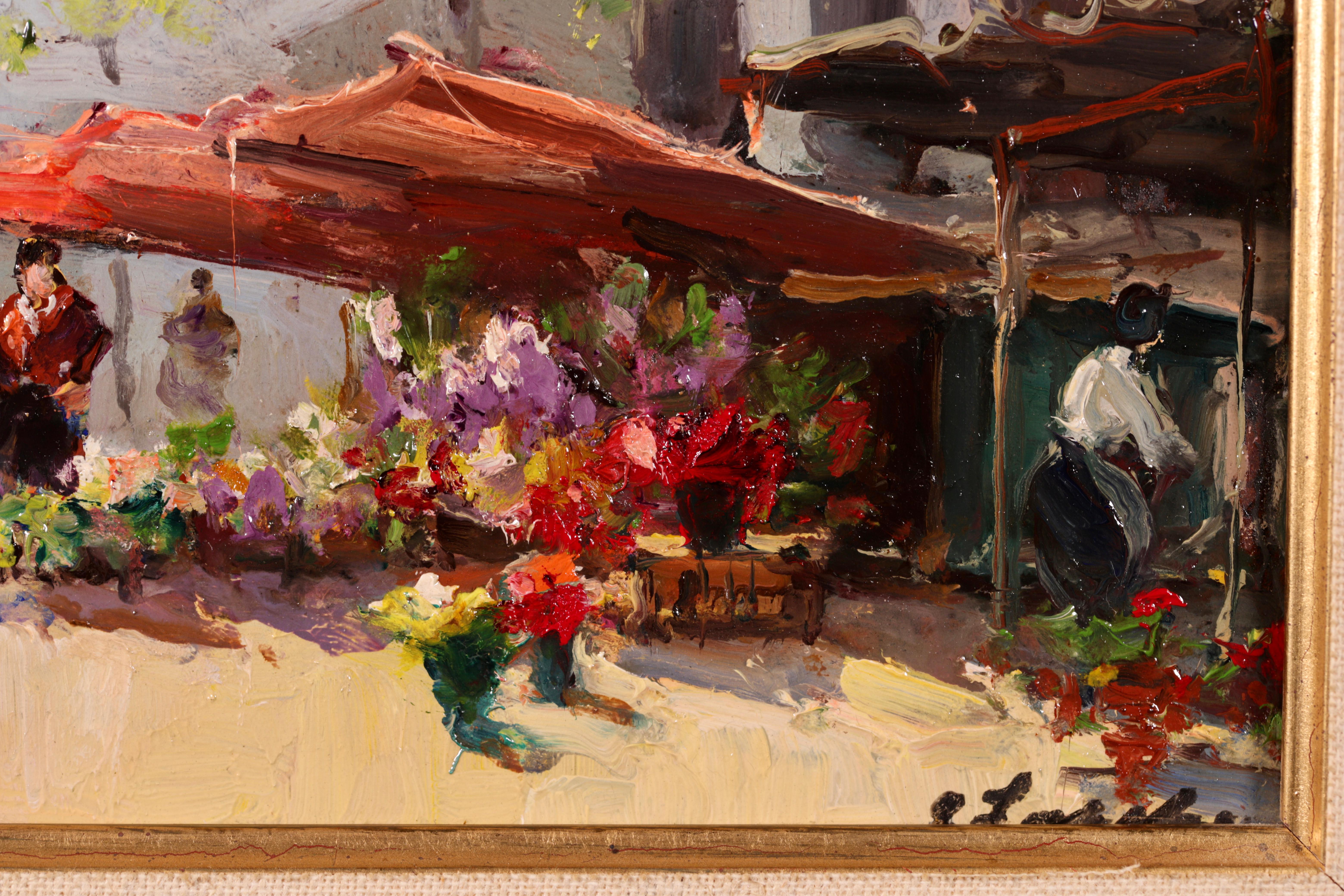 Peinture à l'huile impressionniste « Flower Market » (marché de fleurs) - Figures dans un paysage de Georges Lapchine 6