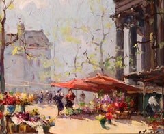 Peinture à l'huile impressionniste « Flower Market » (marché de fleurs) - Figures dans un paysage de Georges Lapchine