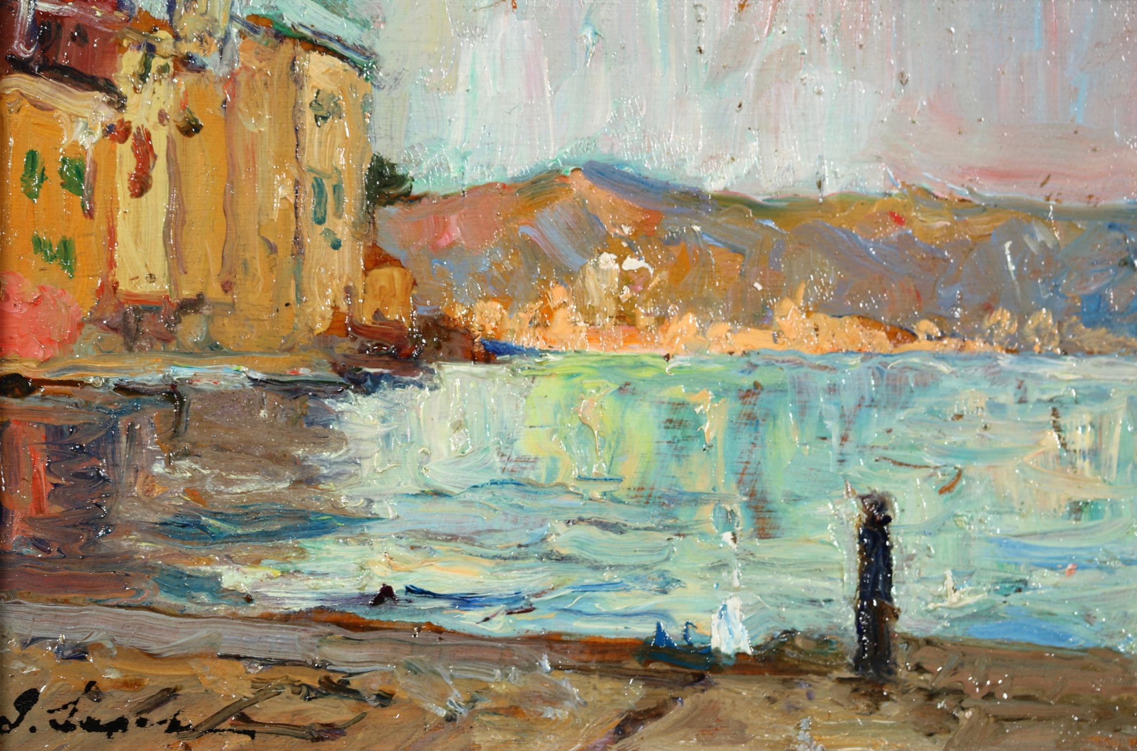 Signiertes Öl auf Karton Landschaft circa 1930 von russischen impressionistischen Maler Georges Lapchin. Das Werk zeigt einen Blick auf den Quai von Martigues in Südfrankreich. Auf der linken Seite des Bildes überblicken die hohen Gebäude das