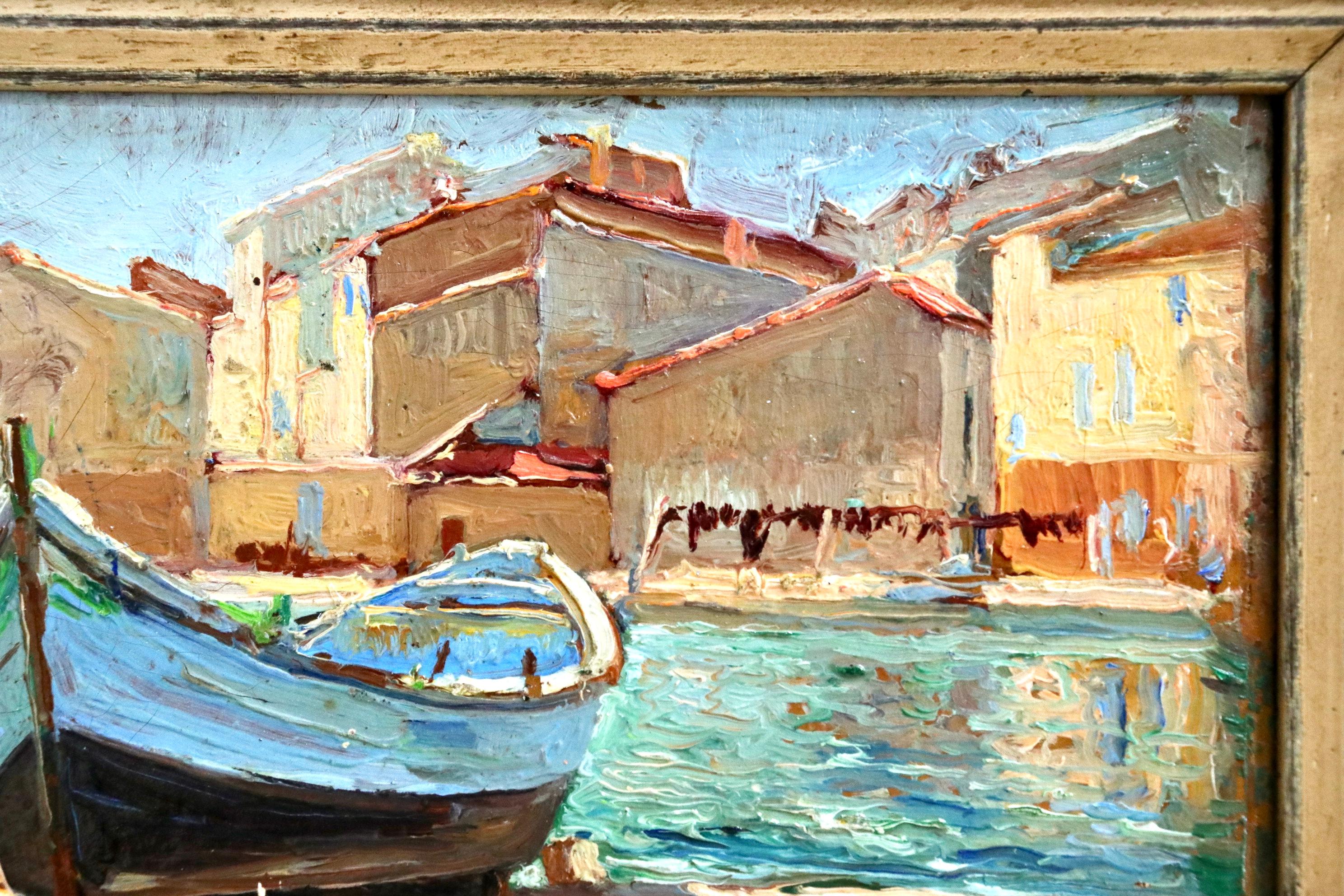 Martigues - 20th Century Oil, Boat by Canal Landscape by Georges Lapchine 1