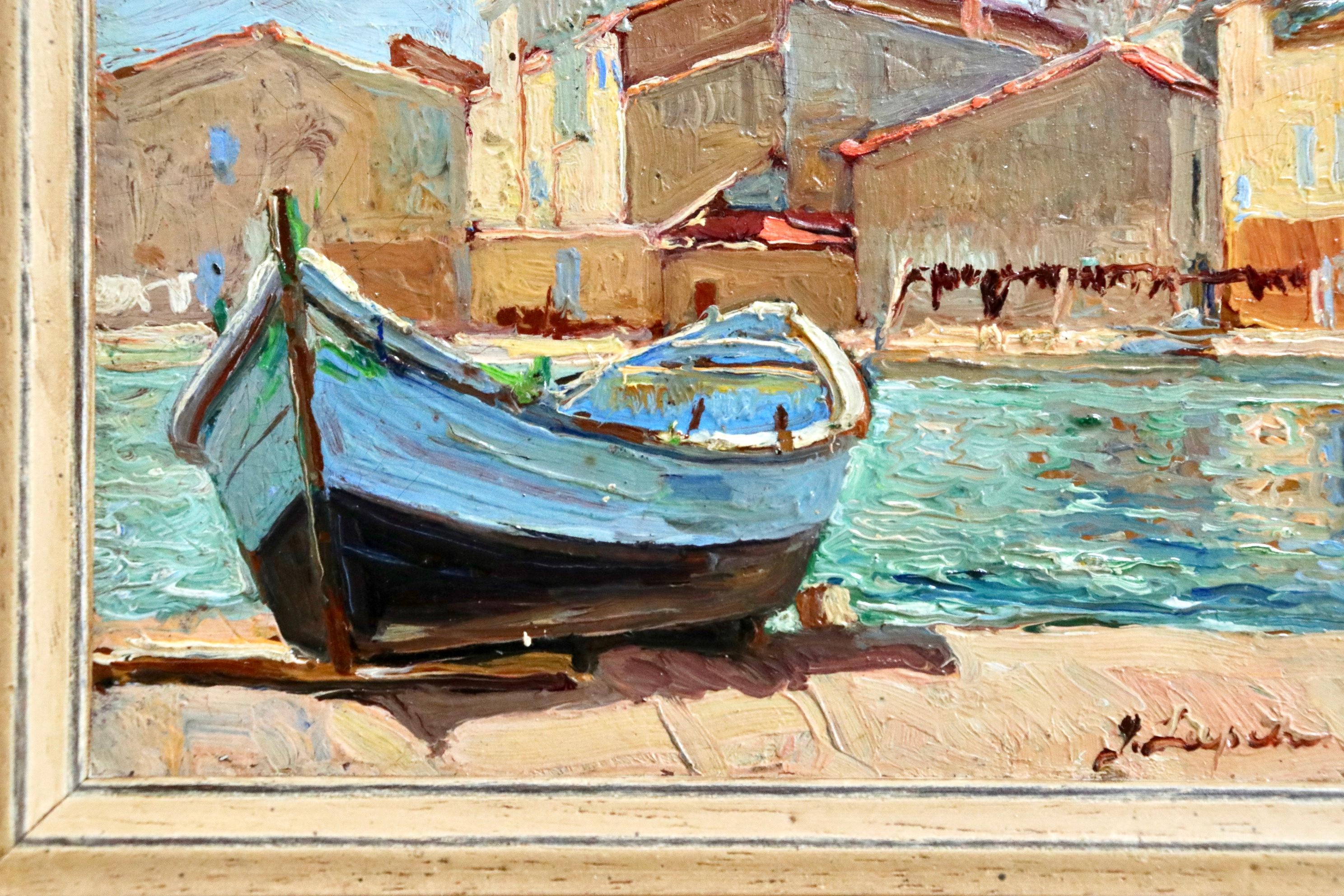 Martigues - 20th Century Oil, Boat by Canal Landscape by Georges Lapchine 3