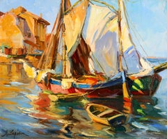 Martigues - Impressionist Boats in Seascape Oil Painting by Georges Lapchine