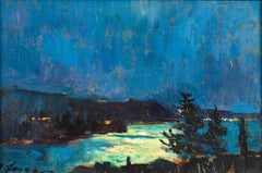 Antique Moonlight on the Coast - Impressionist Landscape Oil Painting - Georges Lapchine