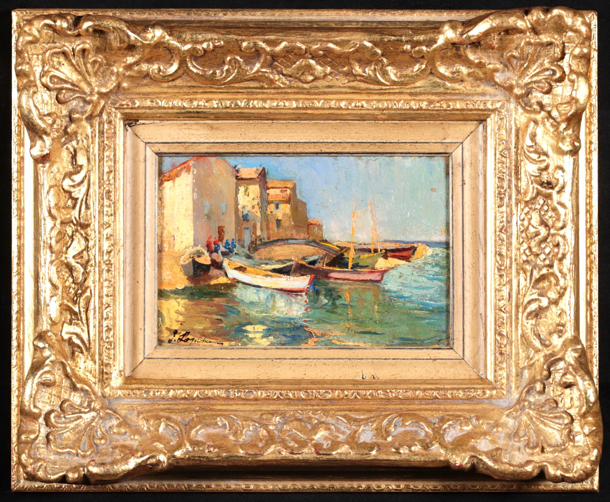 Moored Boats – Martigues – Impressionistische Landschaft, Öl von Georges Lapchine im Angebot 1