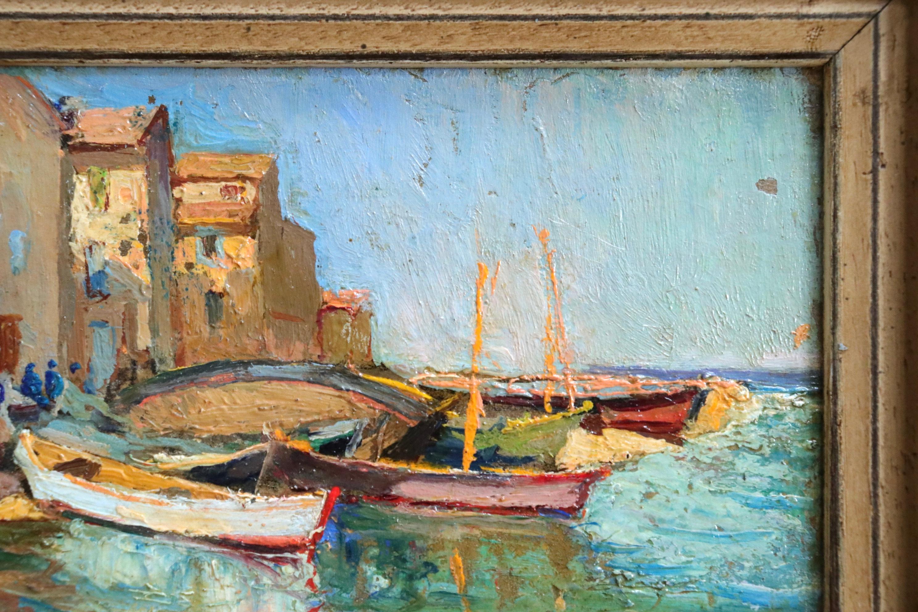 Moored Boats – Martigues – Impressionistische Landschaft, Öl von Georges Lapchine im Angebot 2