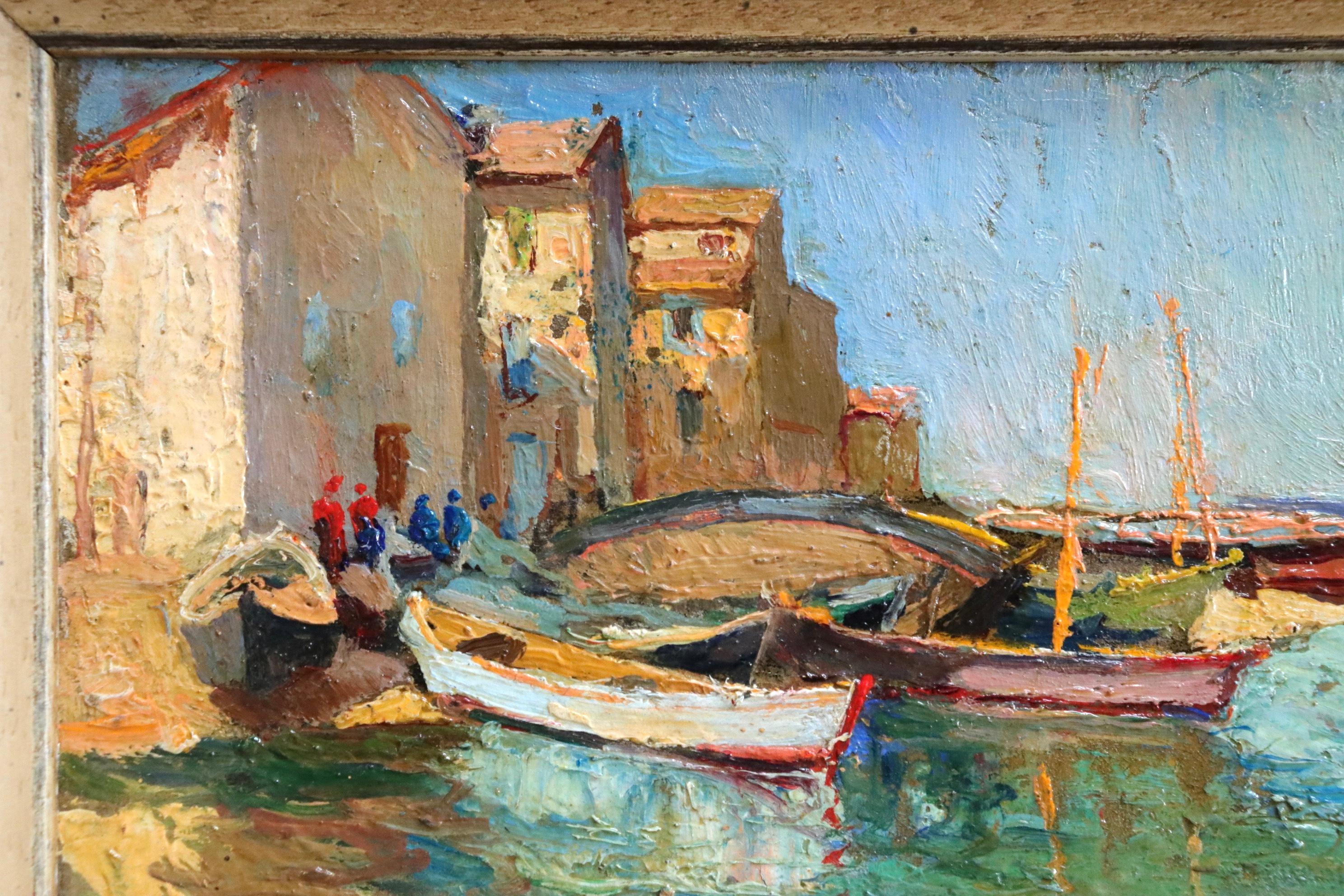 Moored Boats - Martigues - Impressionist Landscape Oil by Georges Lapchine For Sale 2