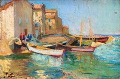 Moored Boats - Martigues - 20th Century Oil, Canal Landscape by Georges Lapchine
