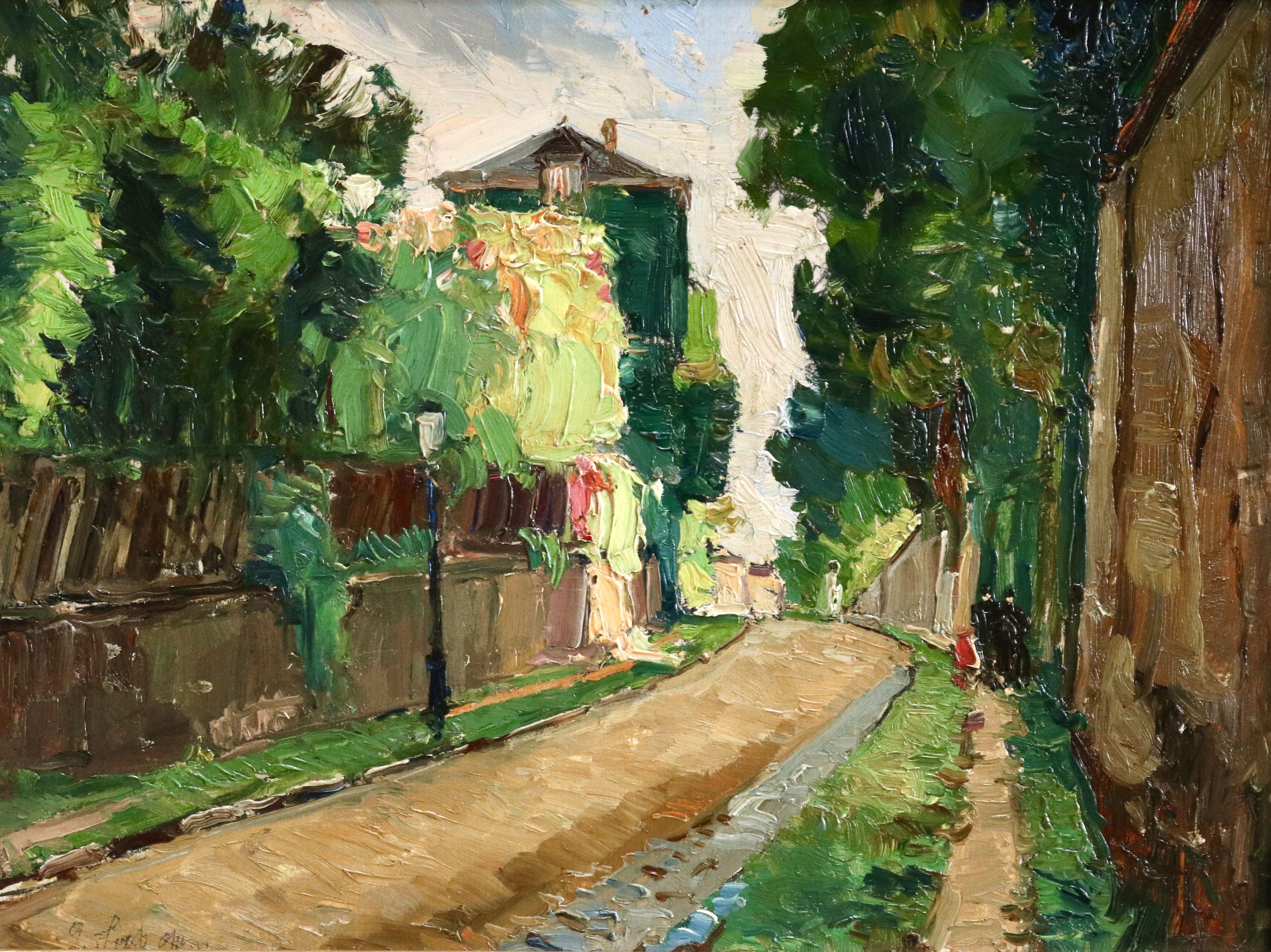 Oil on board by Georges Lapchine depicting a figures on a path in Montmartre. Signed lower left and inscribed, dated and dedicated verso. Framed dimensions are 11 inches high by 13 inches wide.

Georgiy Lapshin studied under Fernand Cormon and Léon