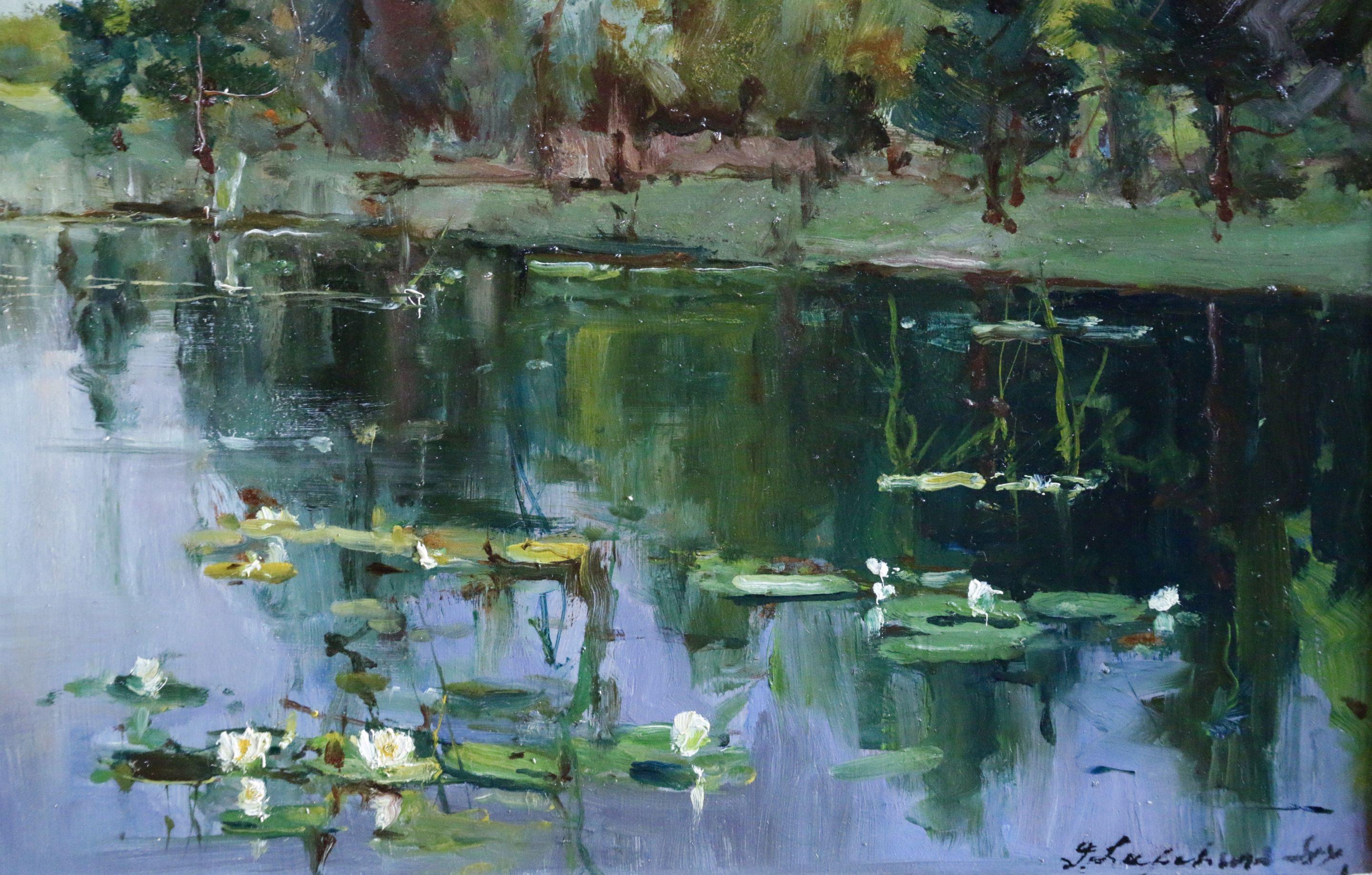 Water Lilies - Mid-20th Century Oil, Riverscape Landscape by Georges Lapchine 1