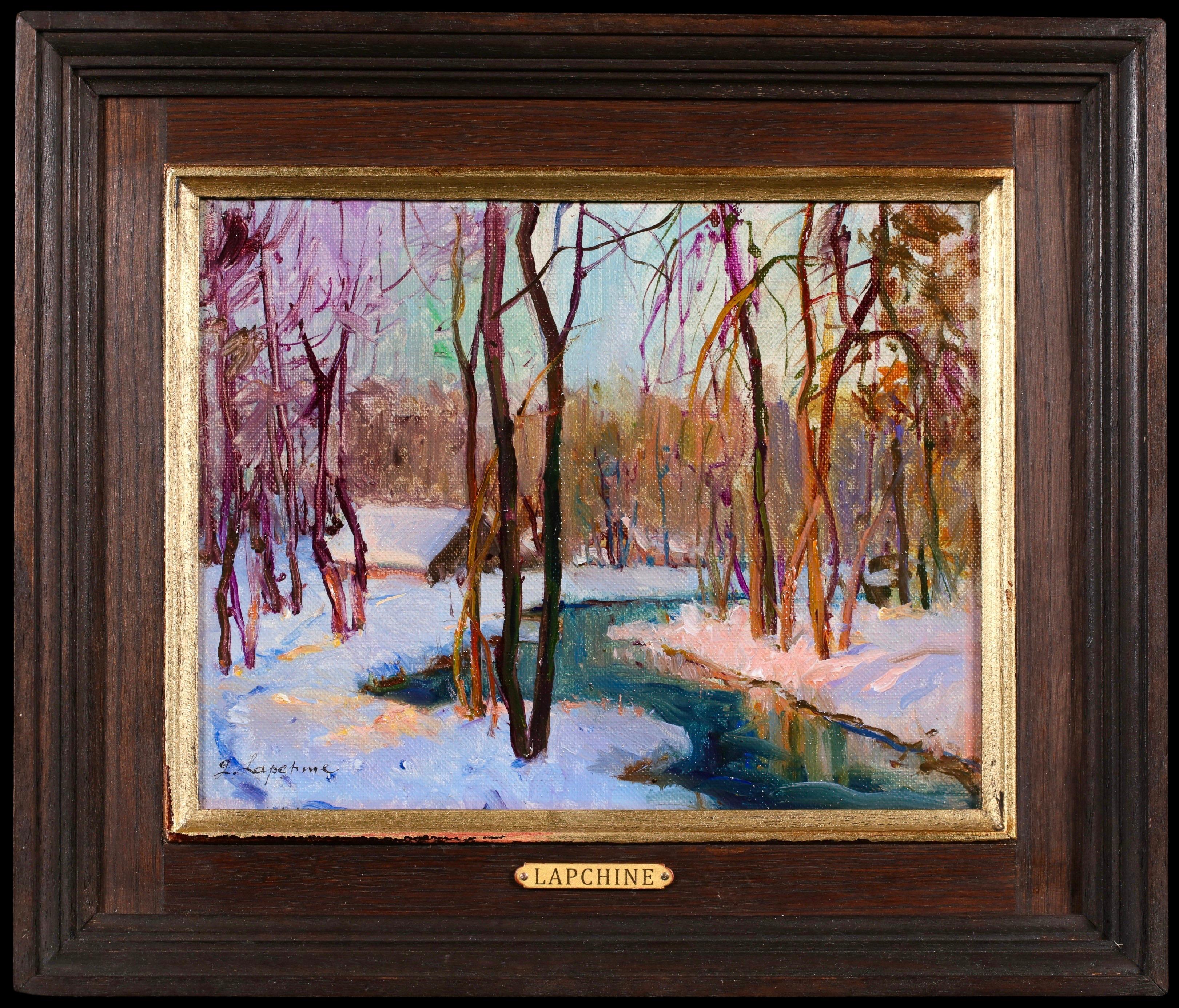 Signed impressionist landscape oil on canvas circa 1930 by Russian painter Georges Lapchine. This beautiful piece depicts a river running through a snow covered landscape which is sparkling pink in the low winter sun and blue in the shade of the