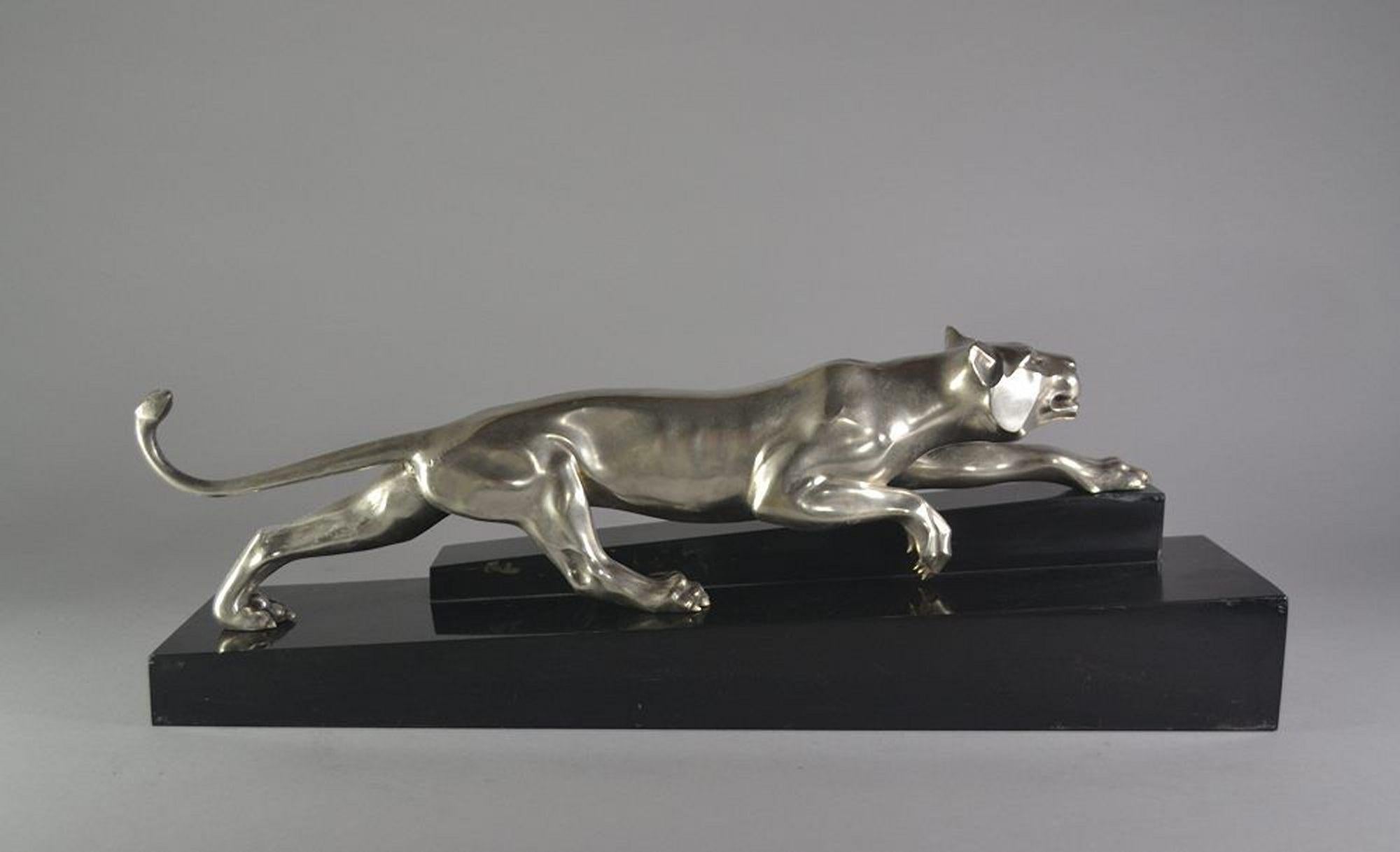French Georges Lavroff Art Deco Silver Plated Bronze Sculpture Panther