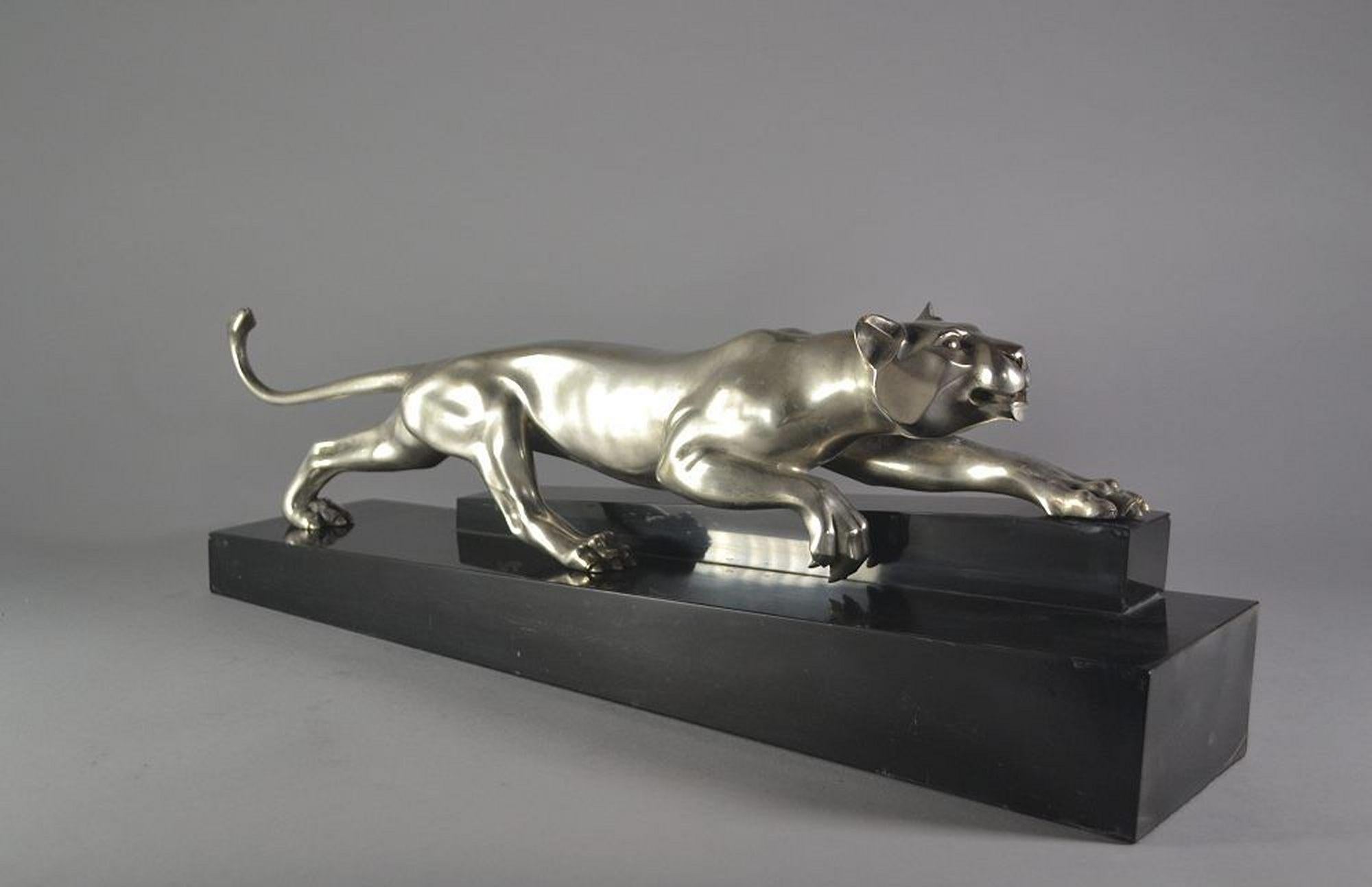 Early 20th Century Georges Lavroff Art Deco Silver Plated Bronze Sculpture Panther