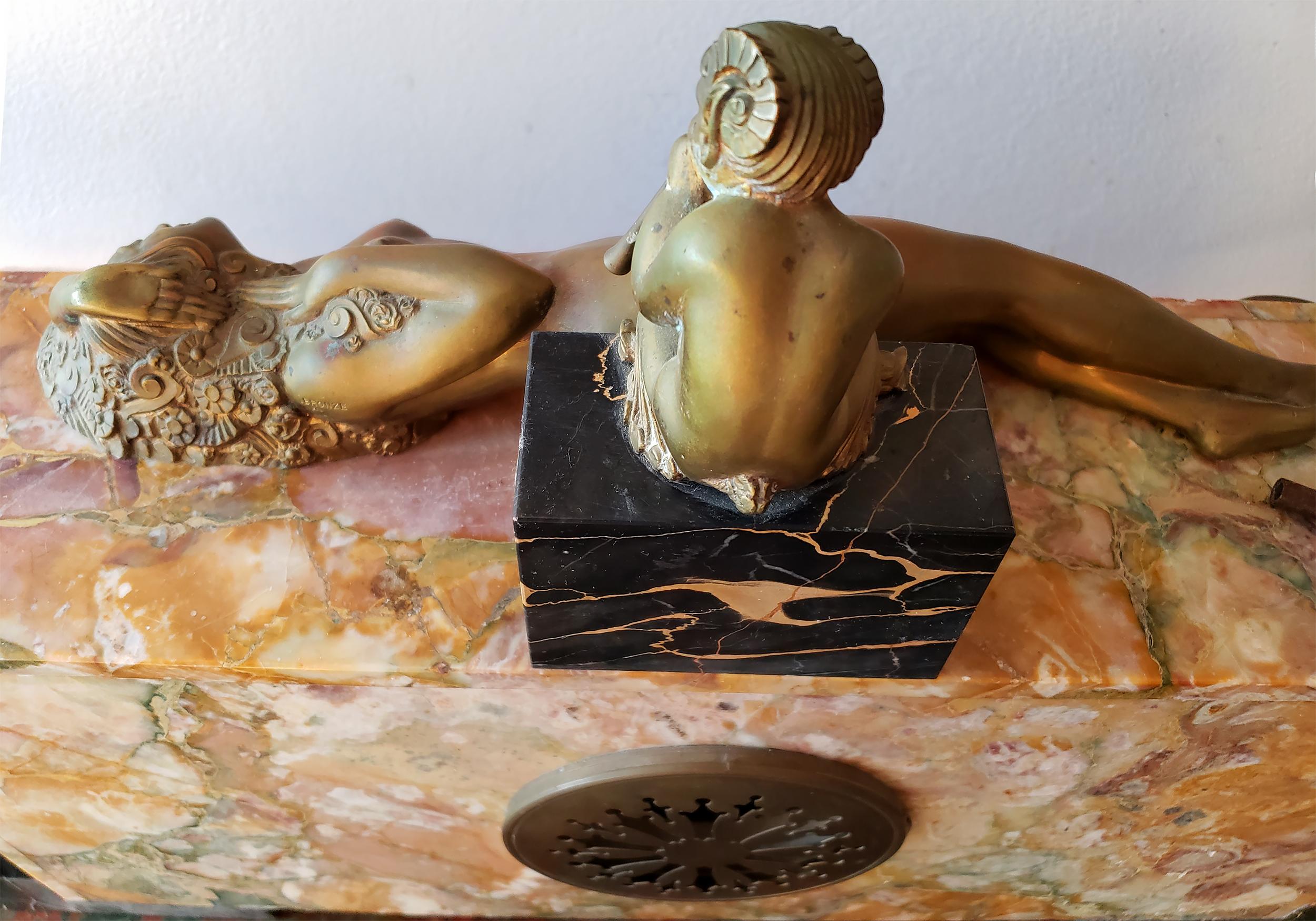 Art Deco Clock Bronze Sculpture Voluptuous Reclining Nude Fawn Pipes of Pan 7