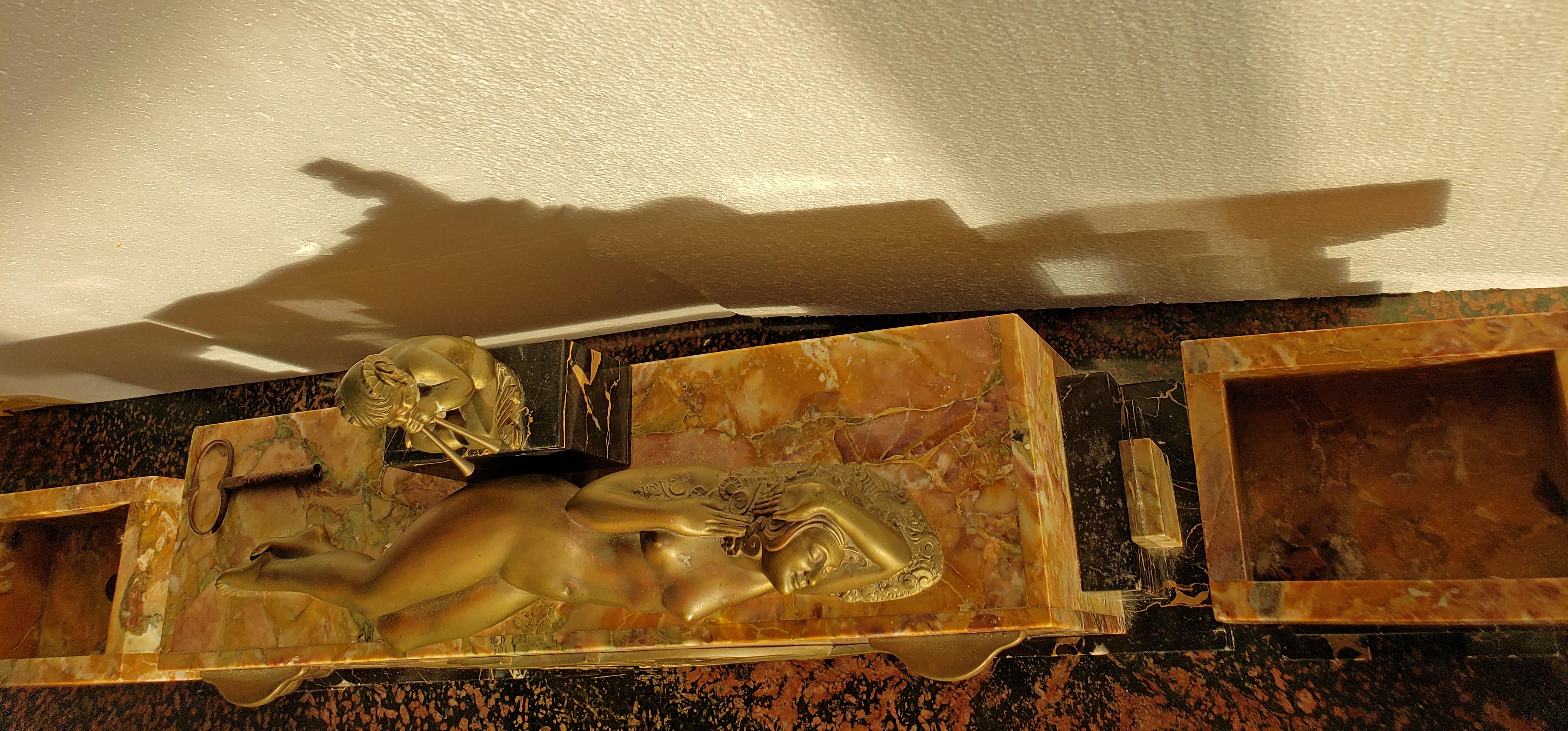 Art Deco Clock Bronze Sculpture Voluptuous Reclining Nude Fawn Pipes of Pan 3