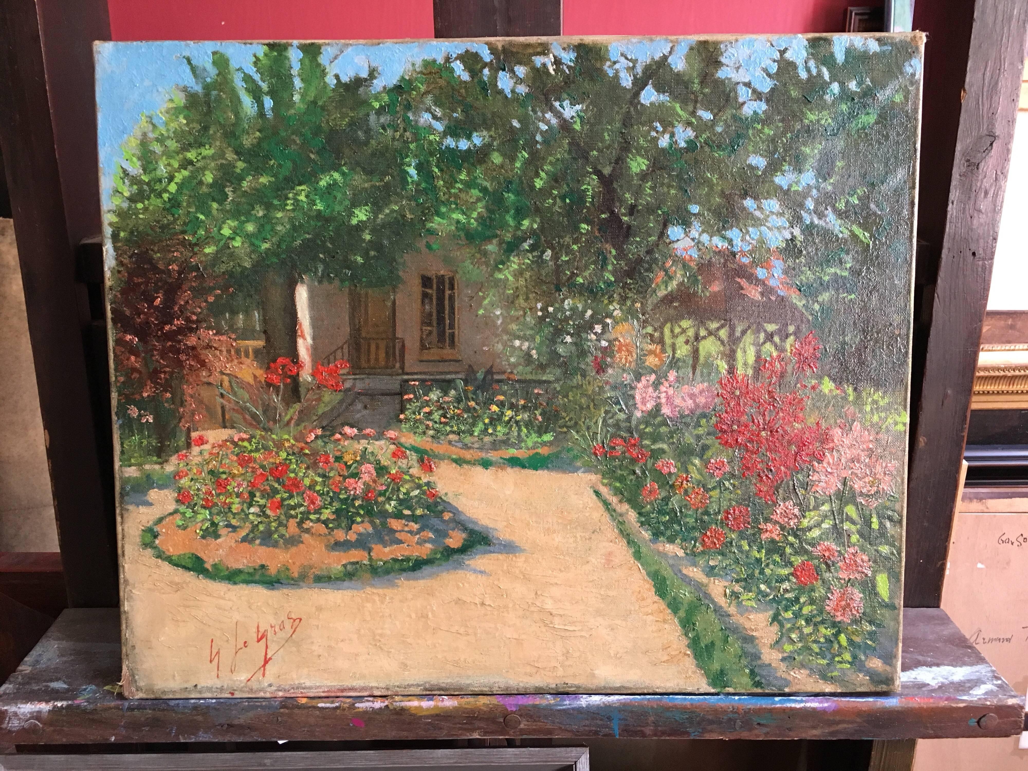 1930’s French Impressionist Oil Colourful Garden  - Painting by Georges Le Gras