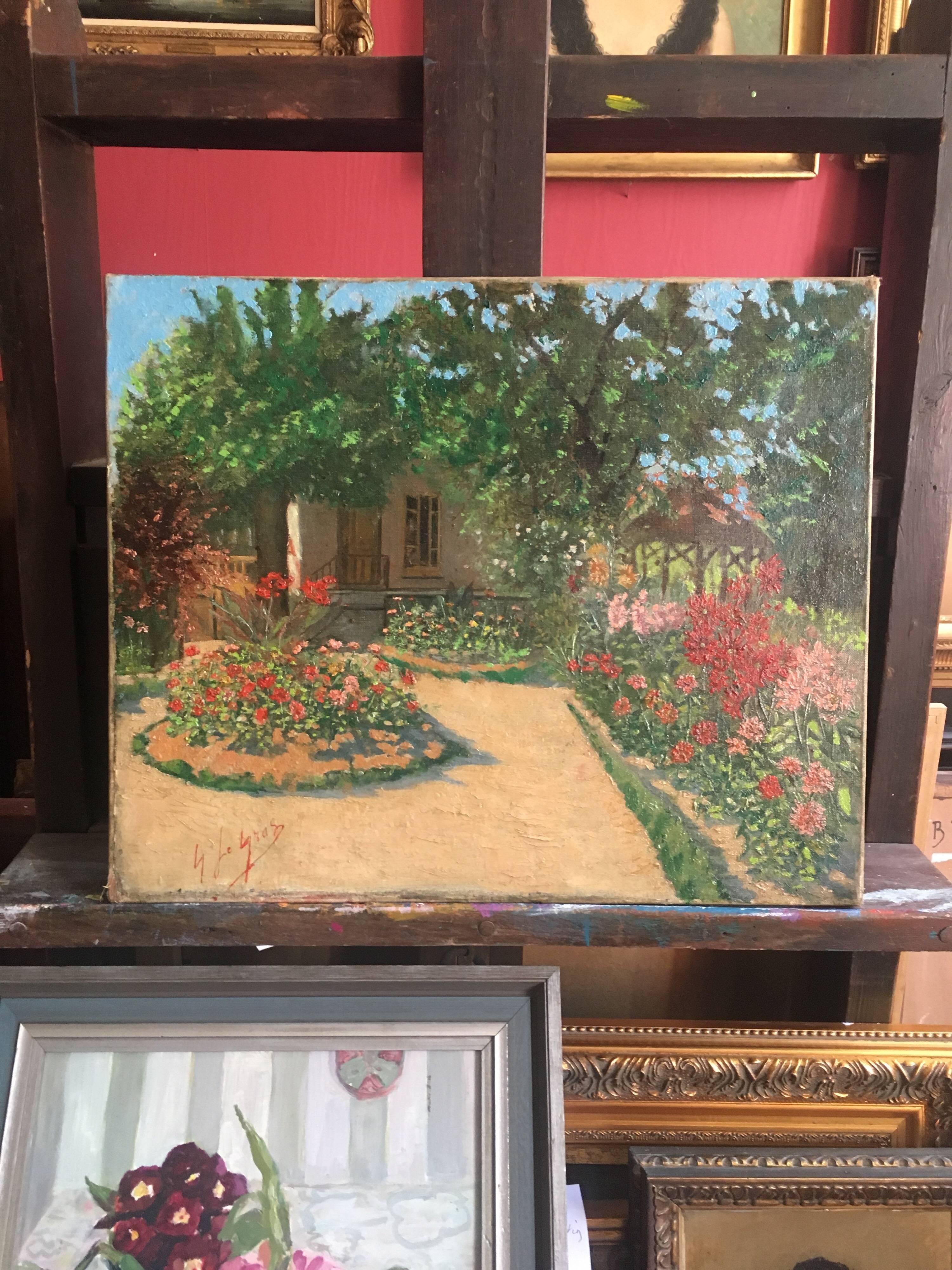 1930’s French Impressionist Oil Colourful Garden  - Gray Interior Painting by Georges Le Gras