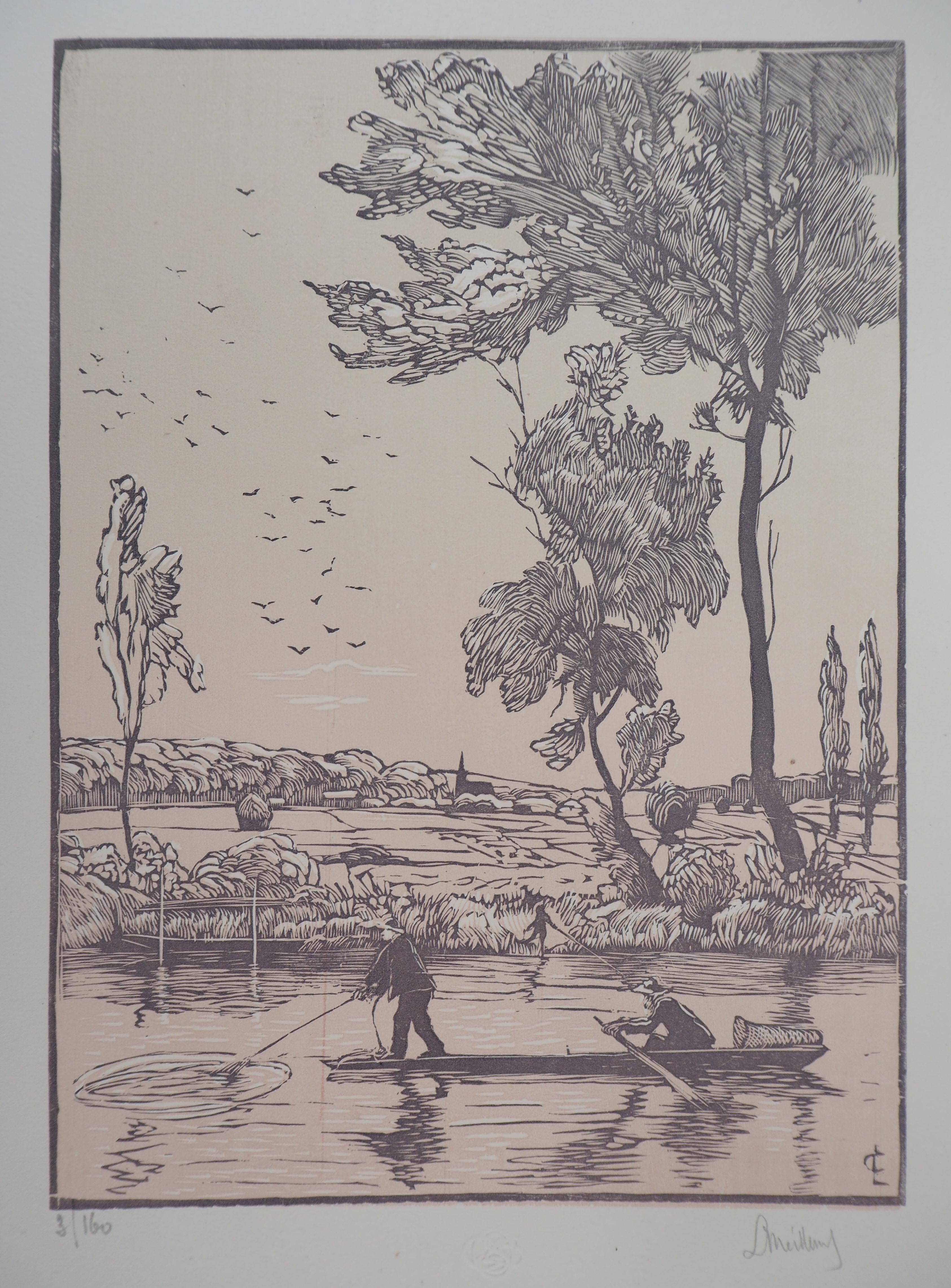 Fisherman on the River - Original wooodcut, Handsigned - Print by Georges LE MEILLEUR
