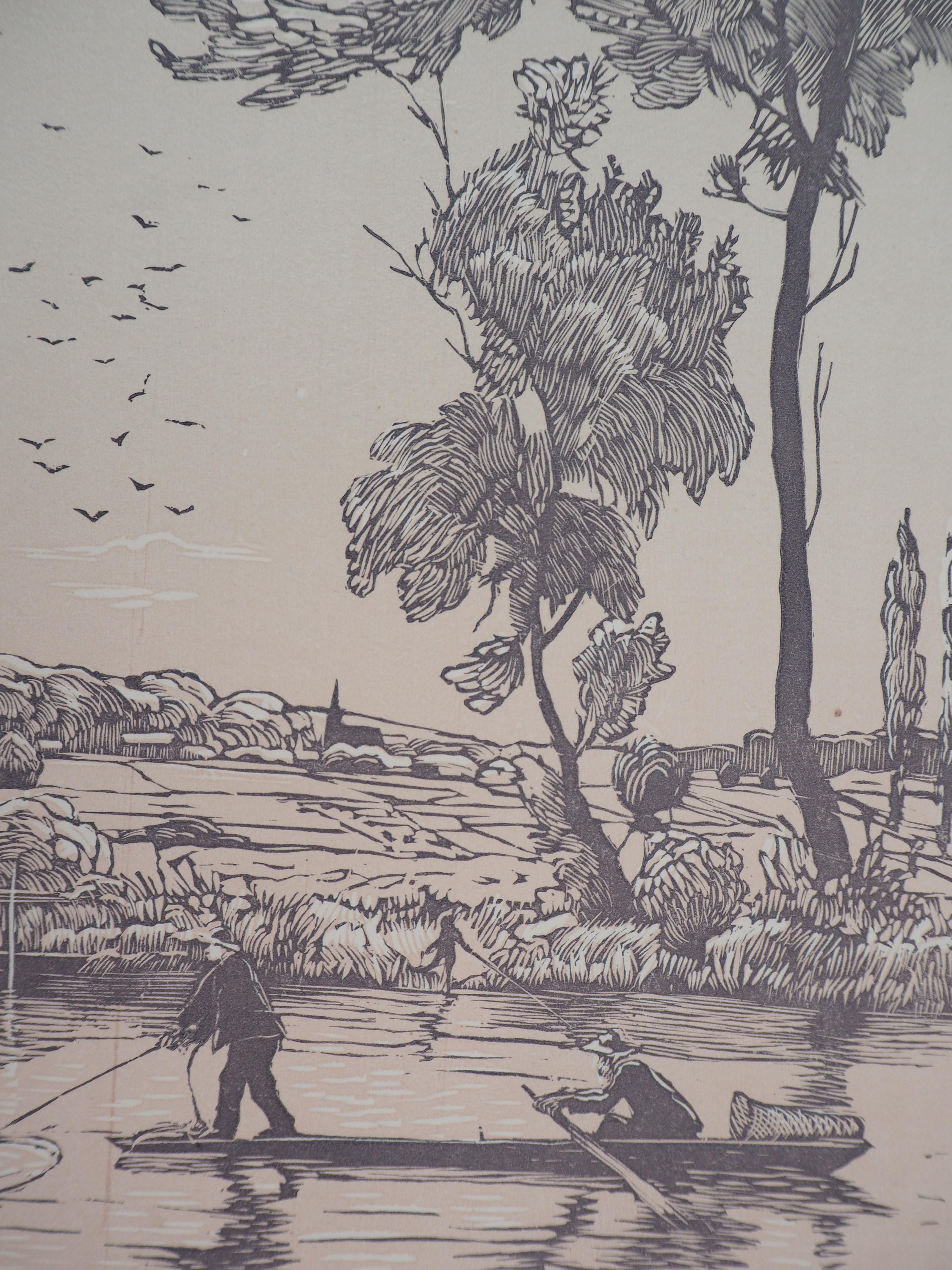 Fisherman on the River - Original wooodcut, Handsigned - Art Deco Print by Georges LE MEILLEUR